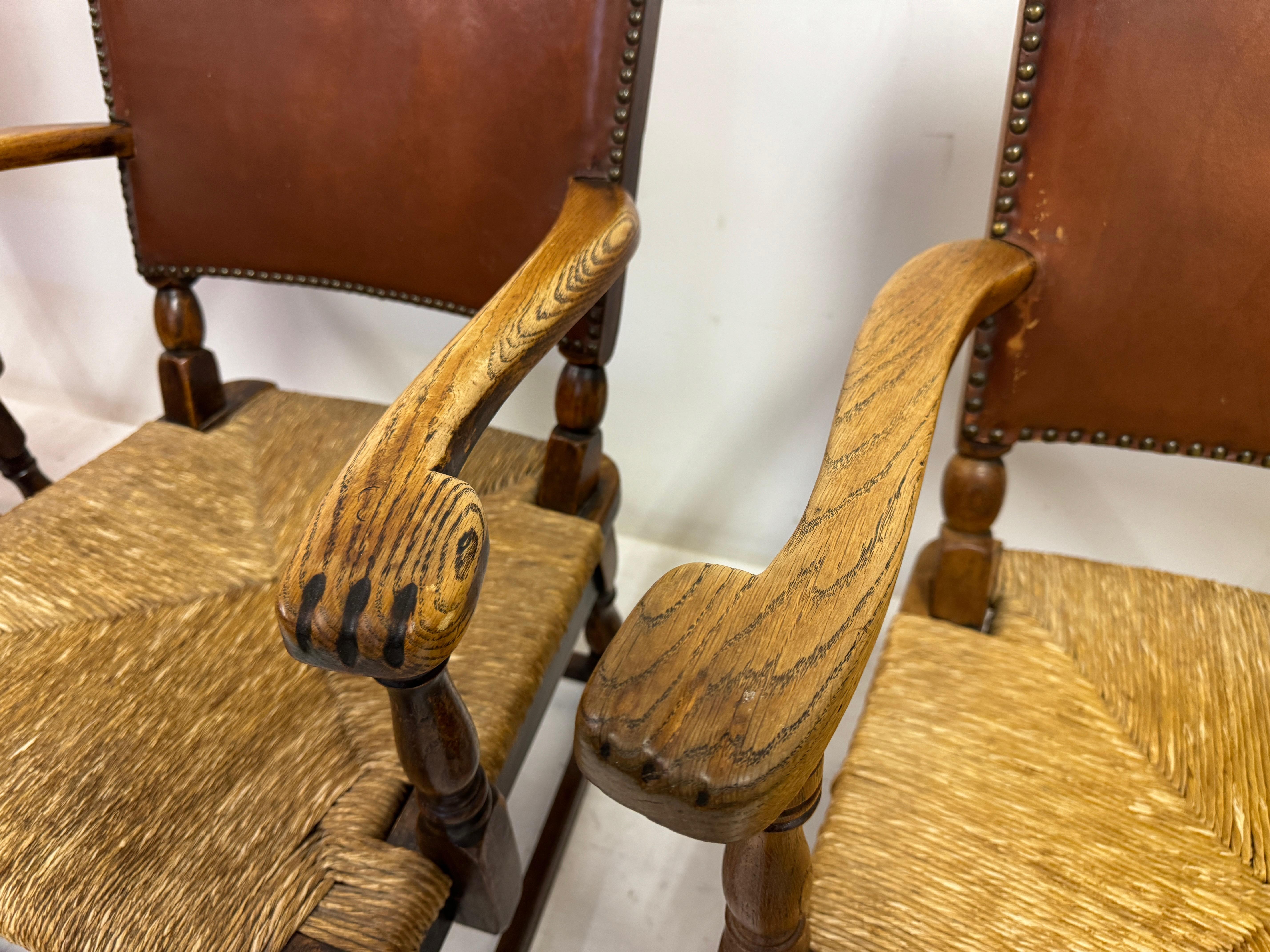 Set of Three Oak Armchairs with Rush and Leather Seats For Sale 2