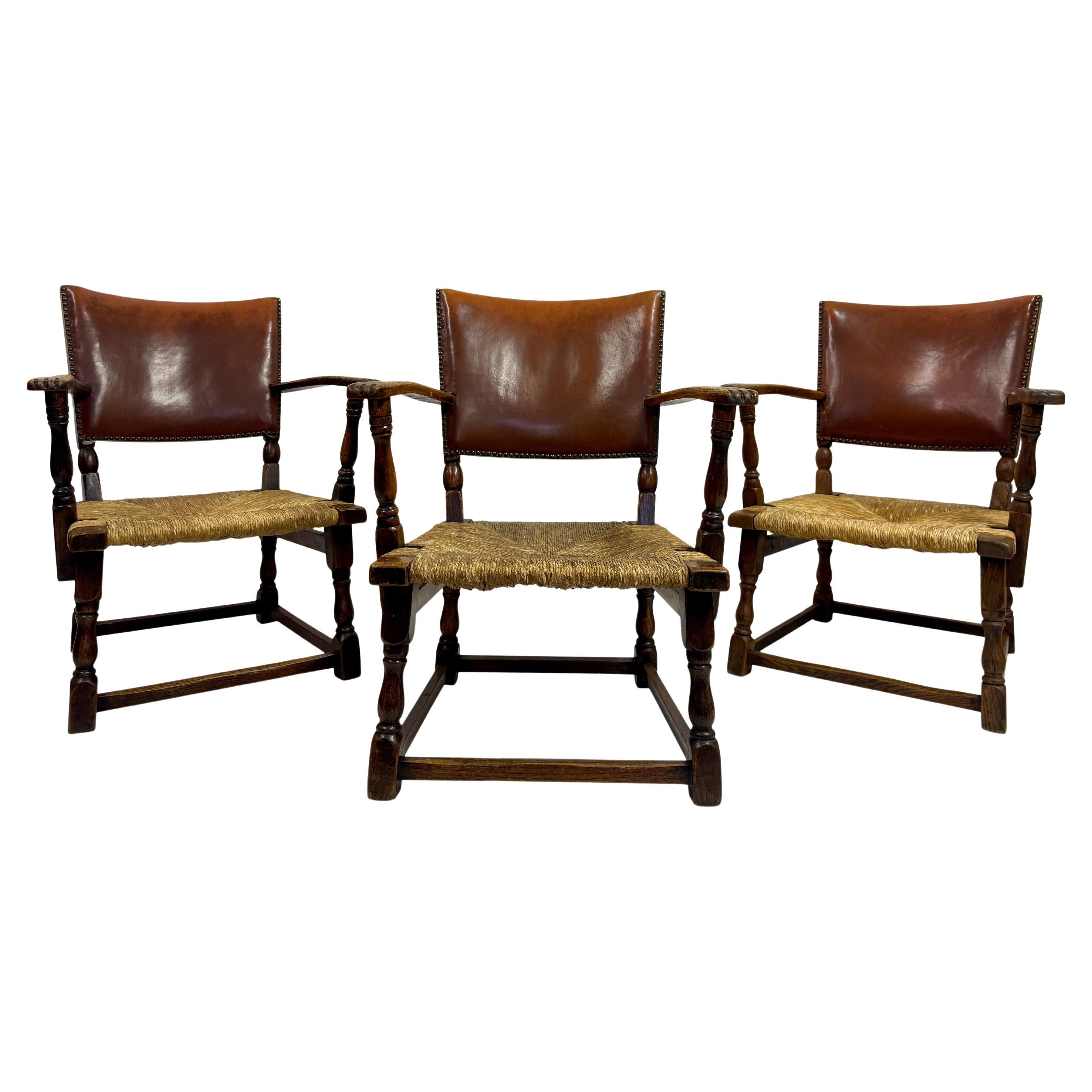 Set of Three Oak Armchairs with Rush and Leather Seats For Sale