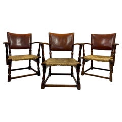 Set of Three Oak Armchairs with Rush and Leather Seats