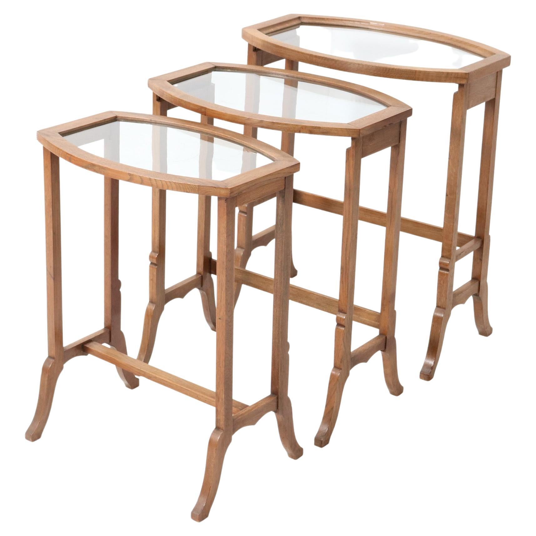 Set of Three Oak Art Nouveau Nesting Tables with Glass Tops