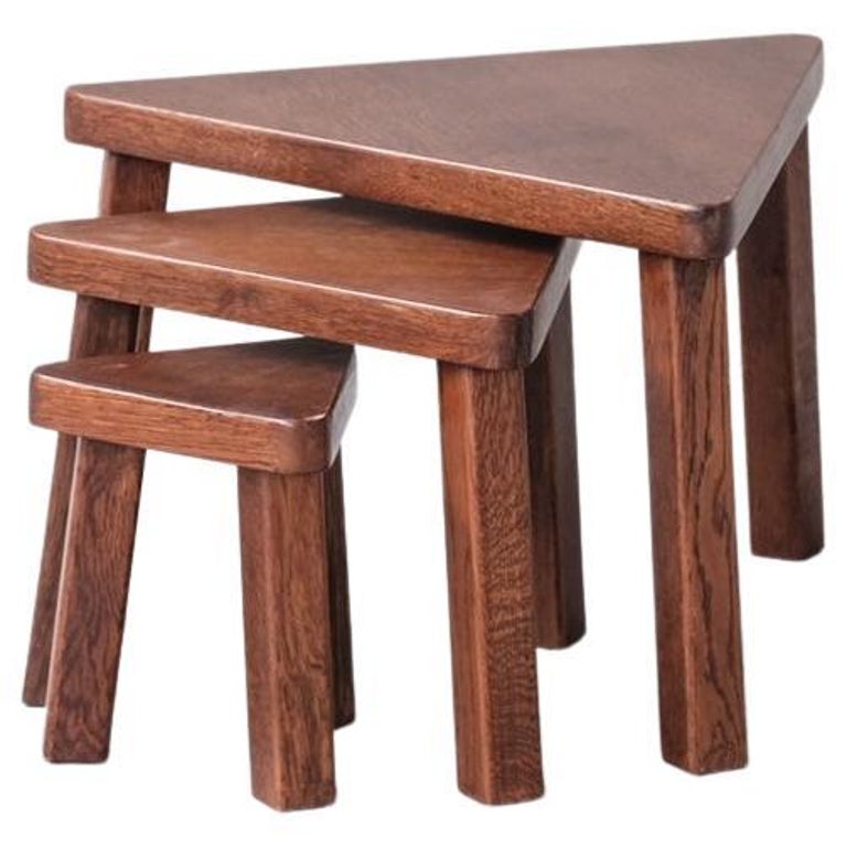 Set of Three Oak MidCentury Triangular Side Tables For Sale at 1stDibs