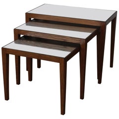 Set of Three Oak Mirrored Nesting Tables, France, 1950s