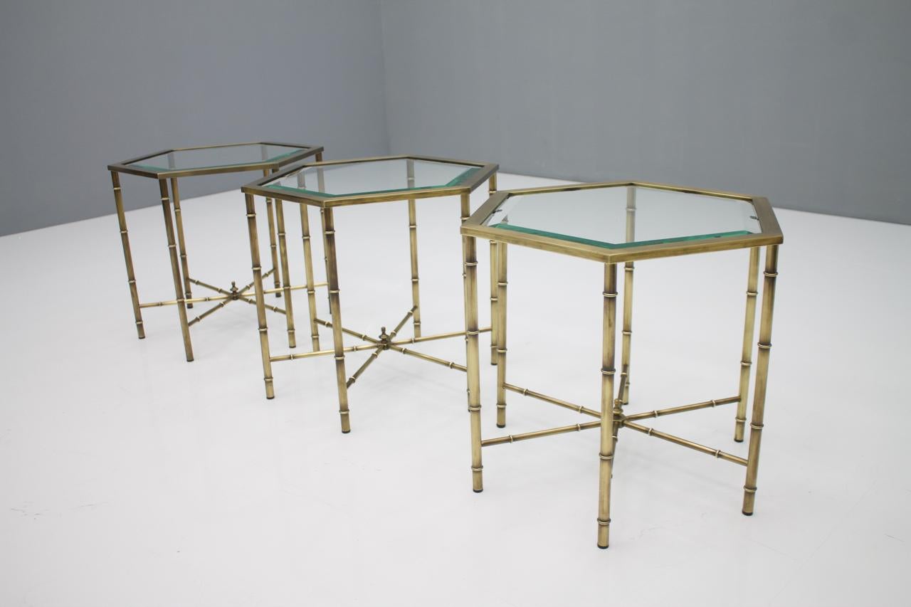Set of Three Hexagonal Side Table in Brass and Glass, 1970s 4
