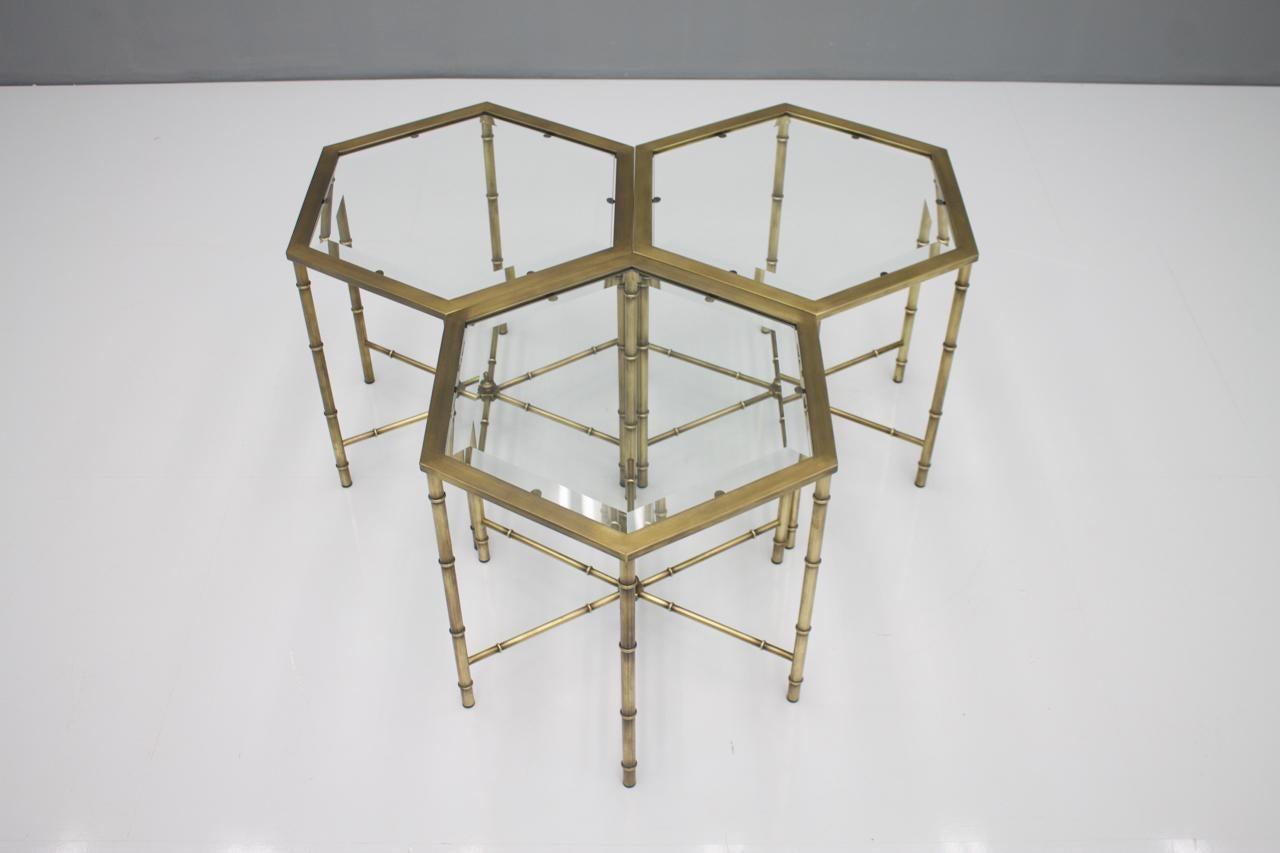 Set of Three Hexagonal Side Table in Brass and Glass, 1970s 6
