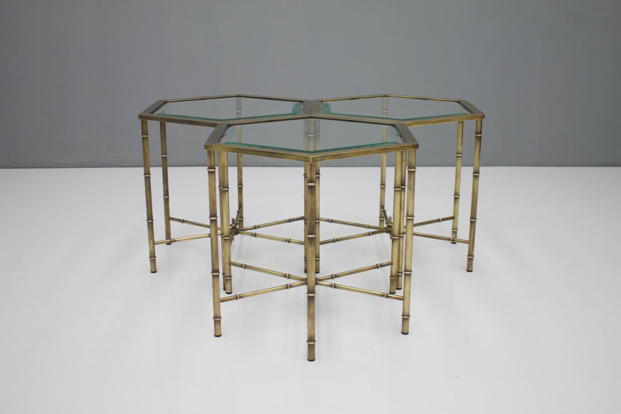 Set of Three Hexagonal Side Table in Brass and Glass, 1970s 7