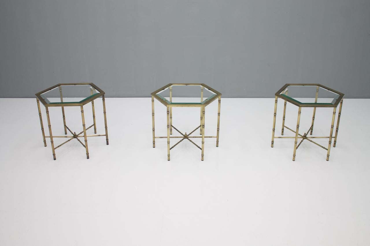 Set of Three Hexagonal Side Table in Brass and Glass, 1970s 9