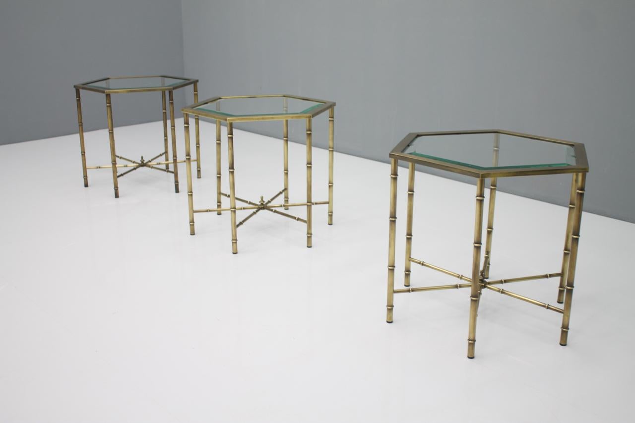 Set of Three Hexagonal Side Table in Brass and Glass, 1970s 10