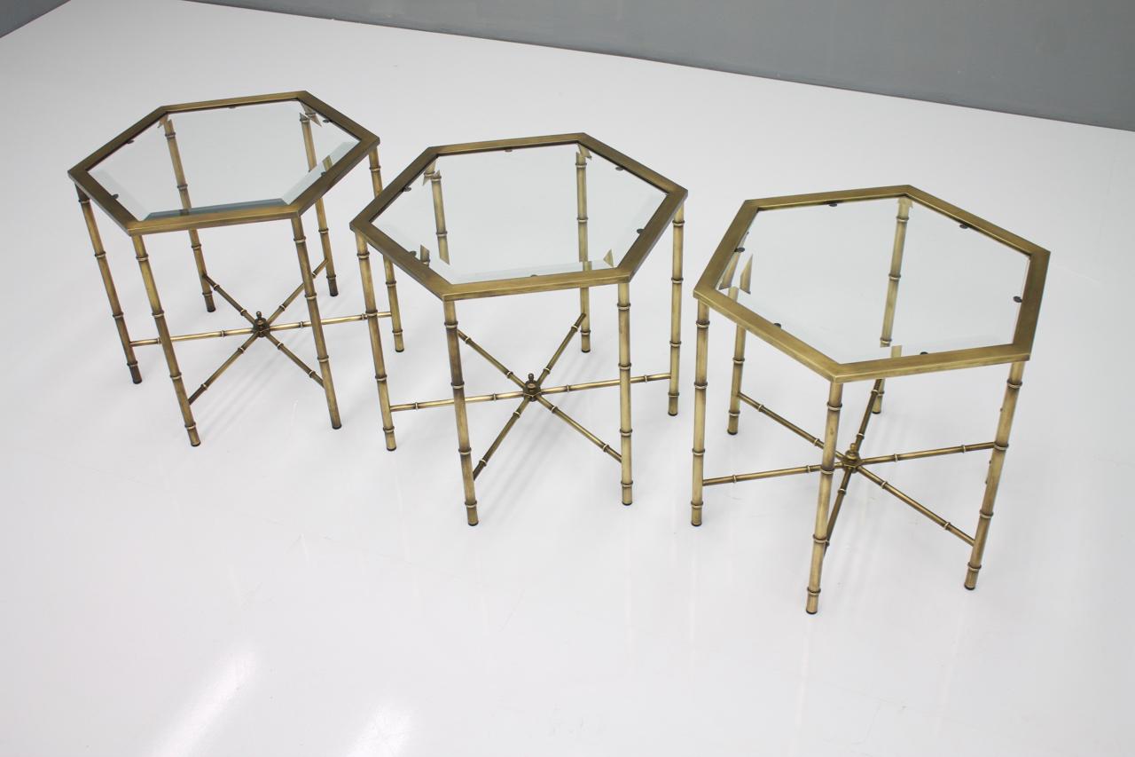 Hollywood Regency Set of Three Hexagonal Side Table in Brass and Glass, 1970s