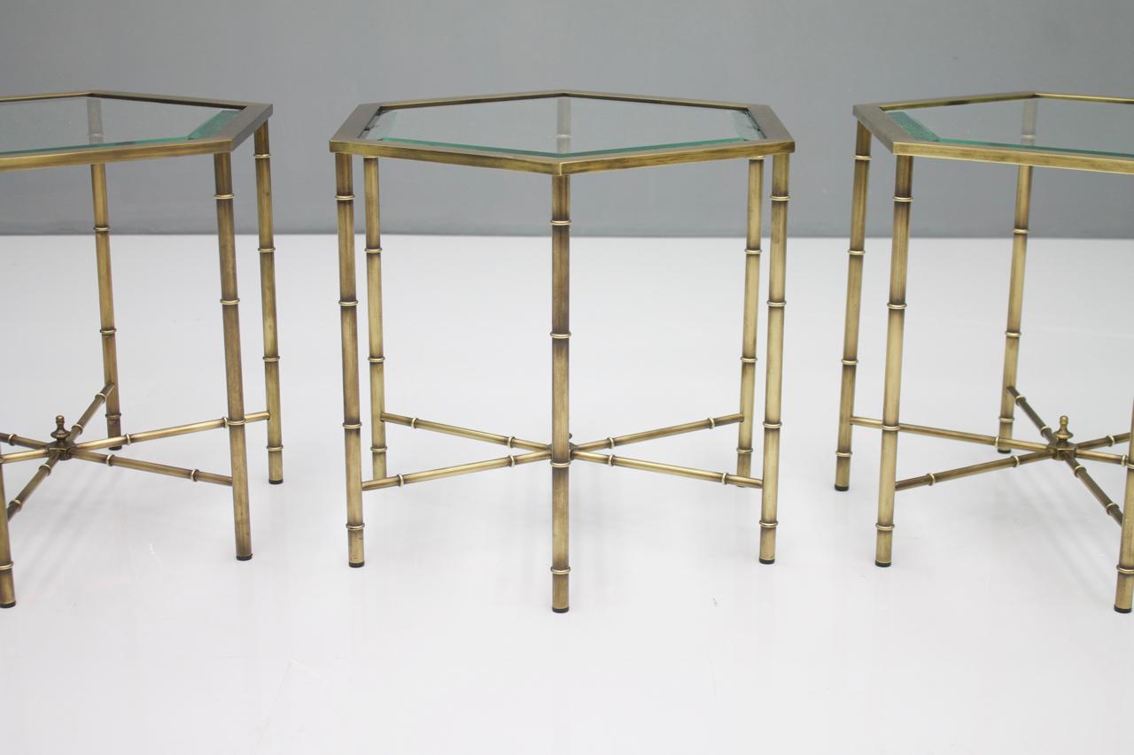 European Set of Three Hexagonal Side Table in Brass and Glass, 1970s