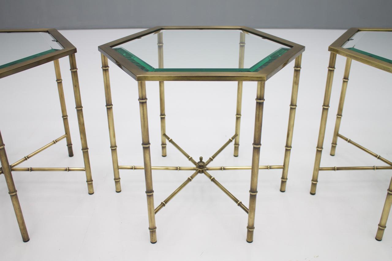 Late 20th Century Set of Three Hexagonal Side Table in Brass and Glass, 1970s