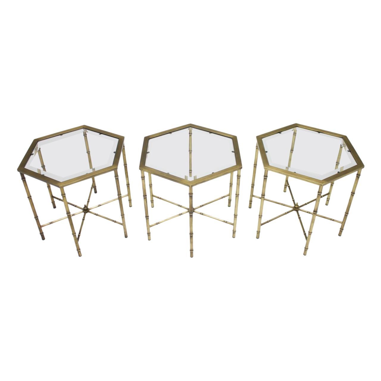 Set of Three Hexagonal Side Table in Brass and Glass, 1970s