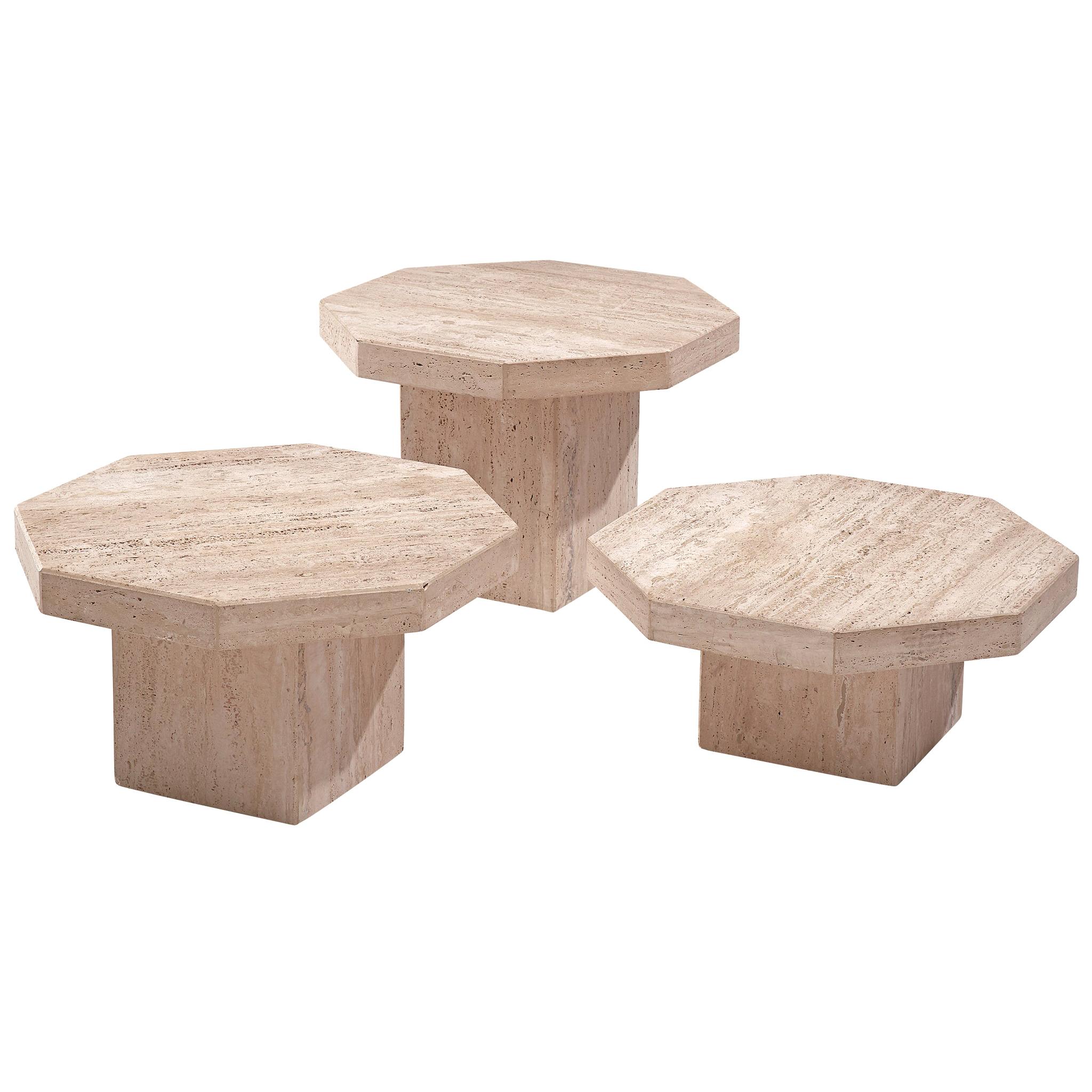 Set of Three Octagonal Travertine Cocktail Tables For Sale at 1stDibs