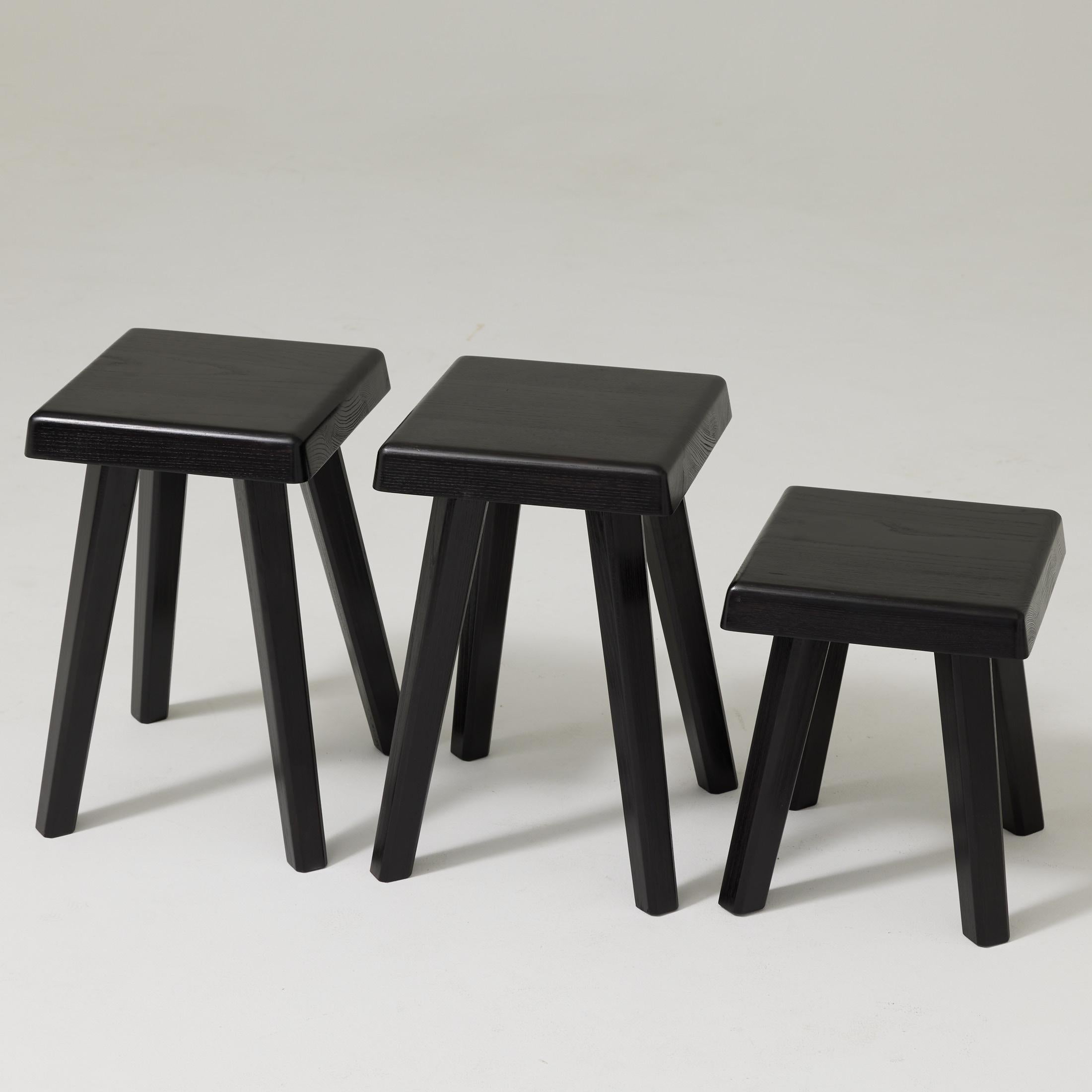 Set of Three of Pierre Chapo Special Black Wood Edition Stools For Sale 3