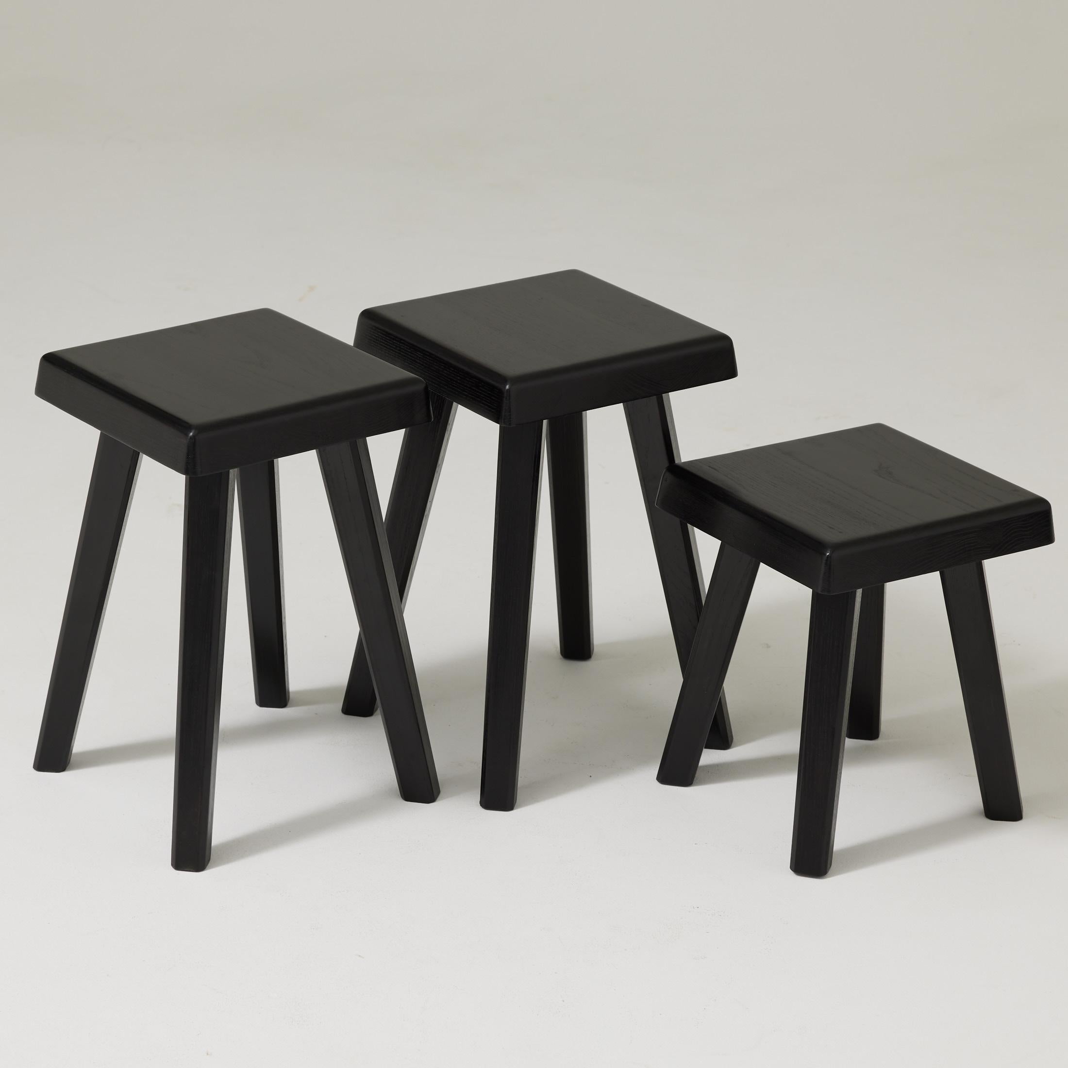 Set of Three of Pierre Chapo Special Black Wood Edition Stools For Sale 8