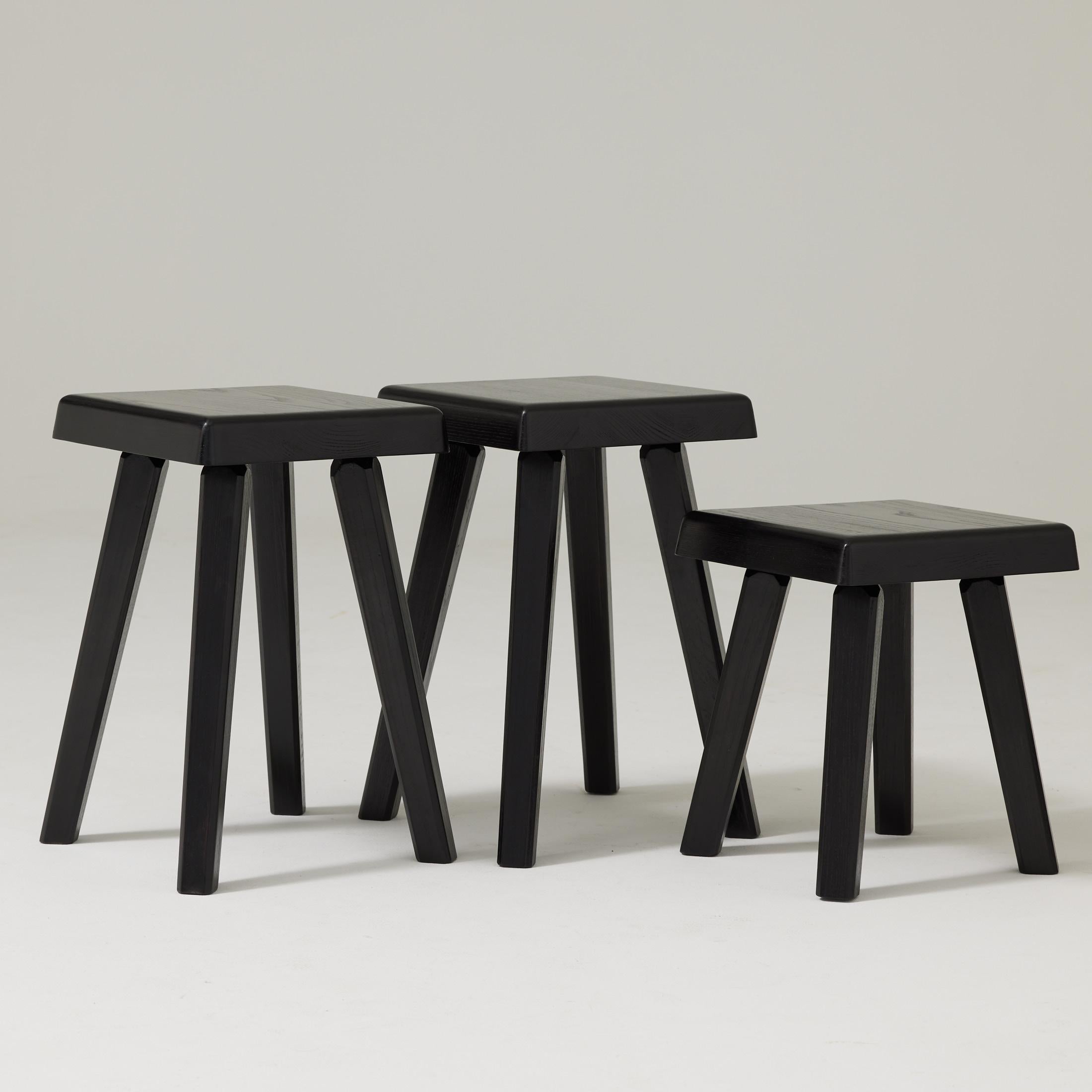 Set of Three of Pierre Chapo Special Black Wood Edition Stools For Sale 9