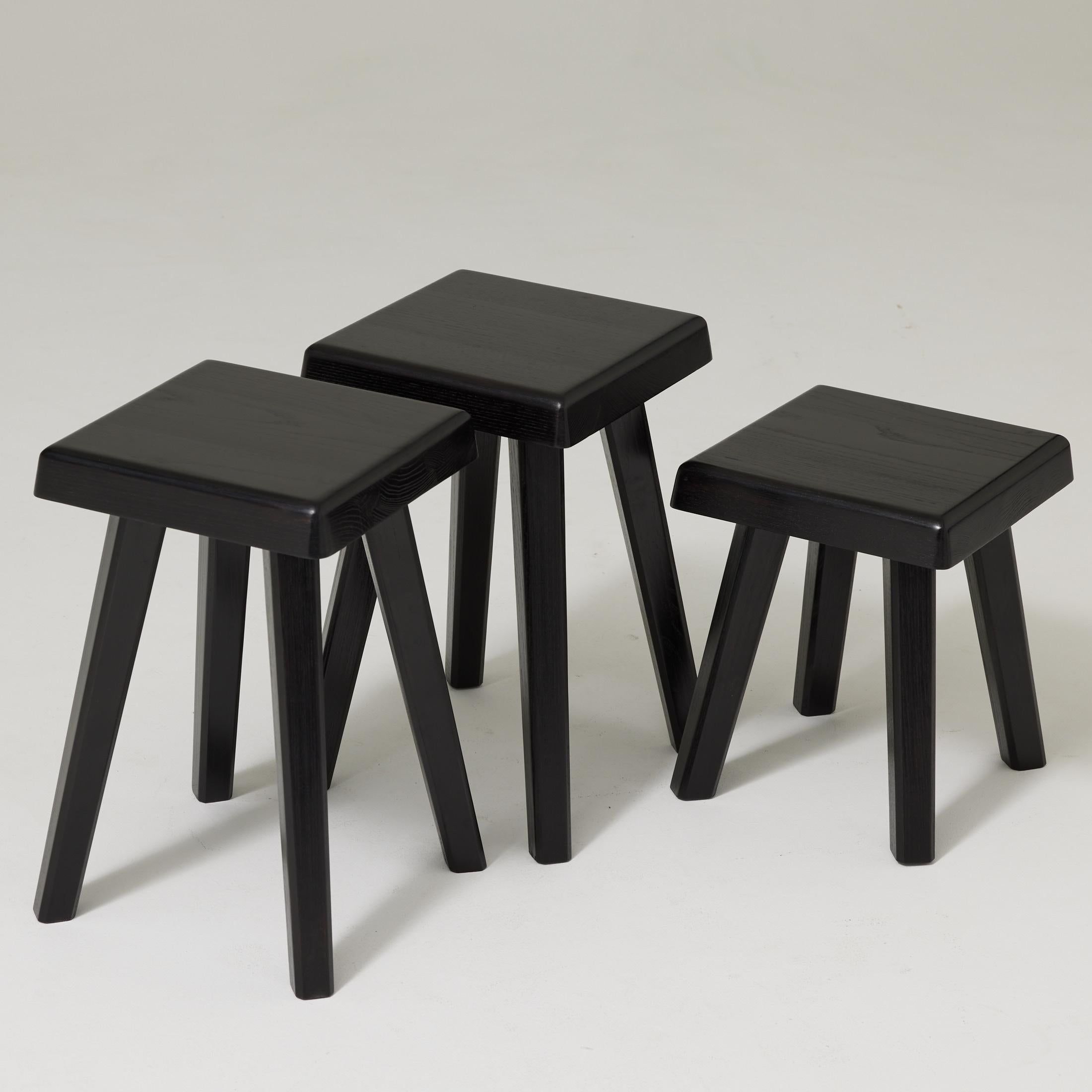 Set of Three of Pierre Chapo Special Black Wood Edition Stools For Sale 10
