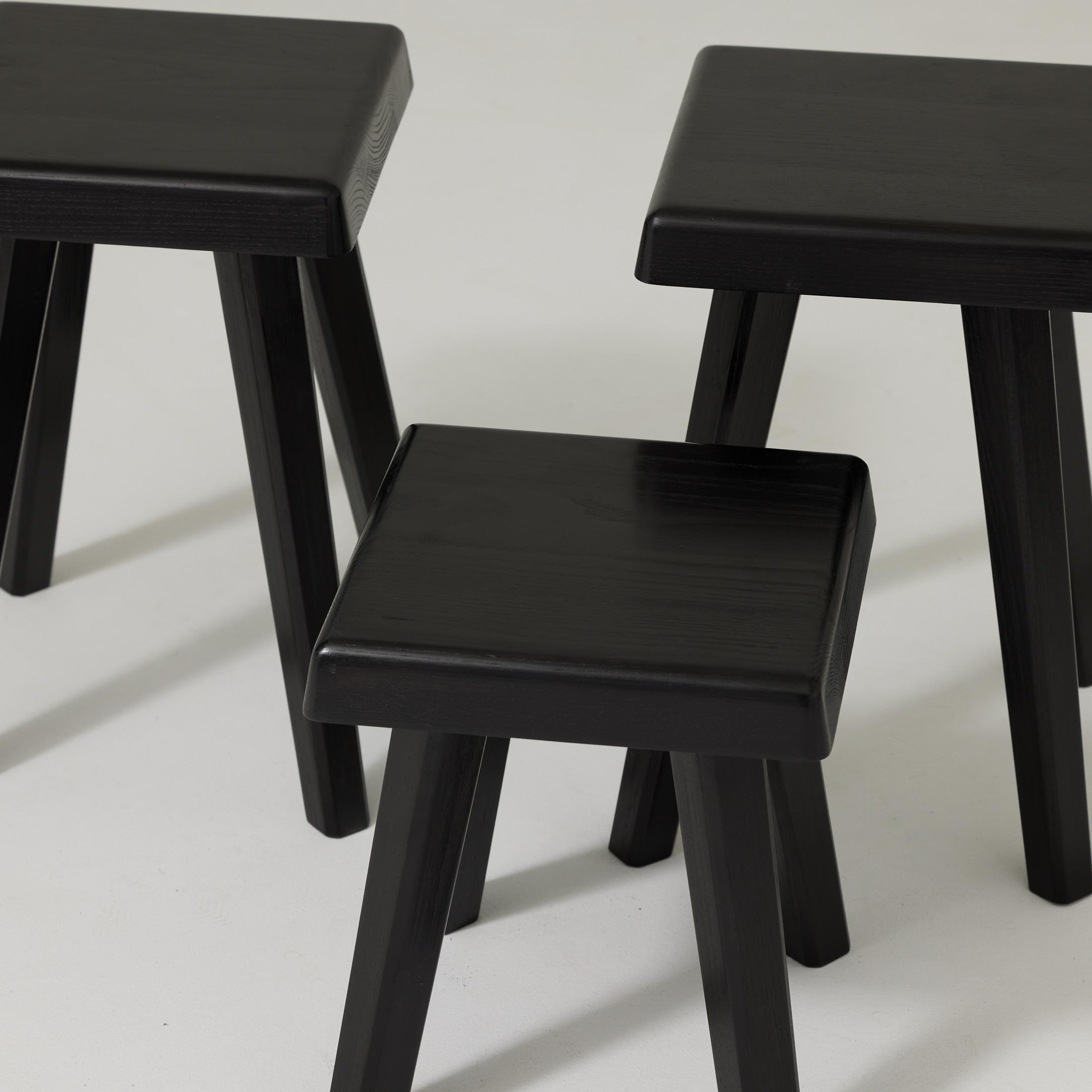 Mid-Century Modern Set of Three of Pierre Chapo Special Black Wood Edition Stools For Sale