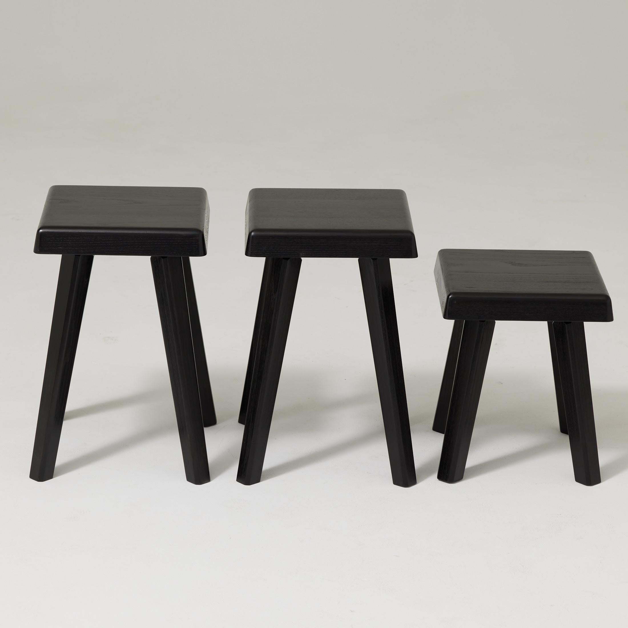 Set of Three of Pierre Chapo Special Black Wood Edition Stools For Sale 1