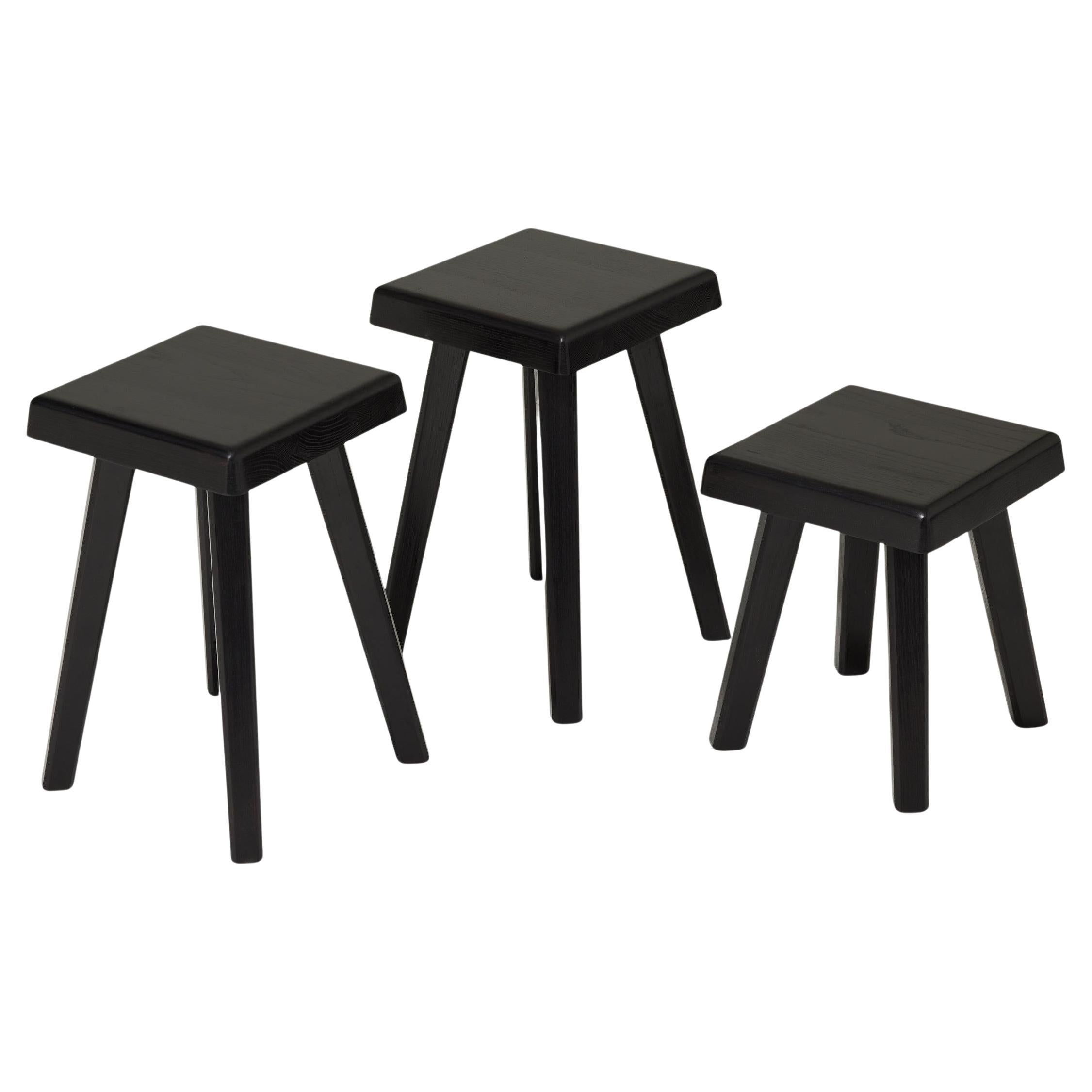 Set di tre sgabelli Pierre Chapo Special Black Wood Edition
