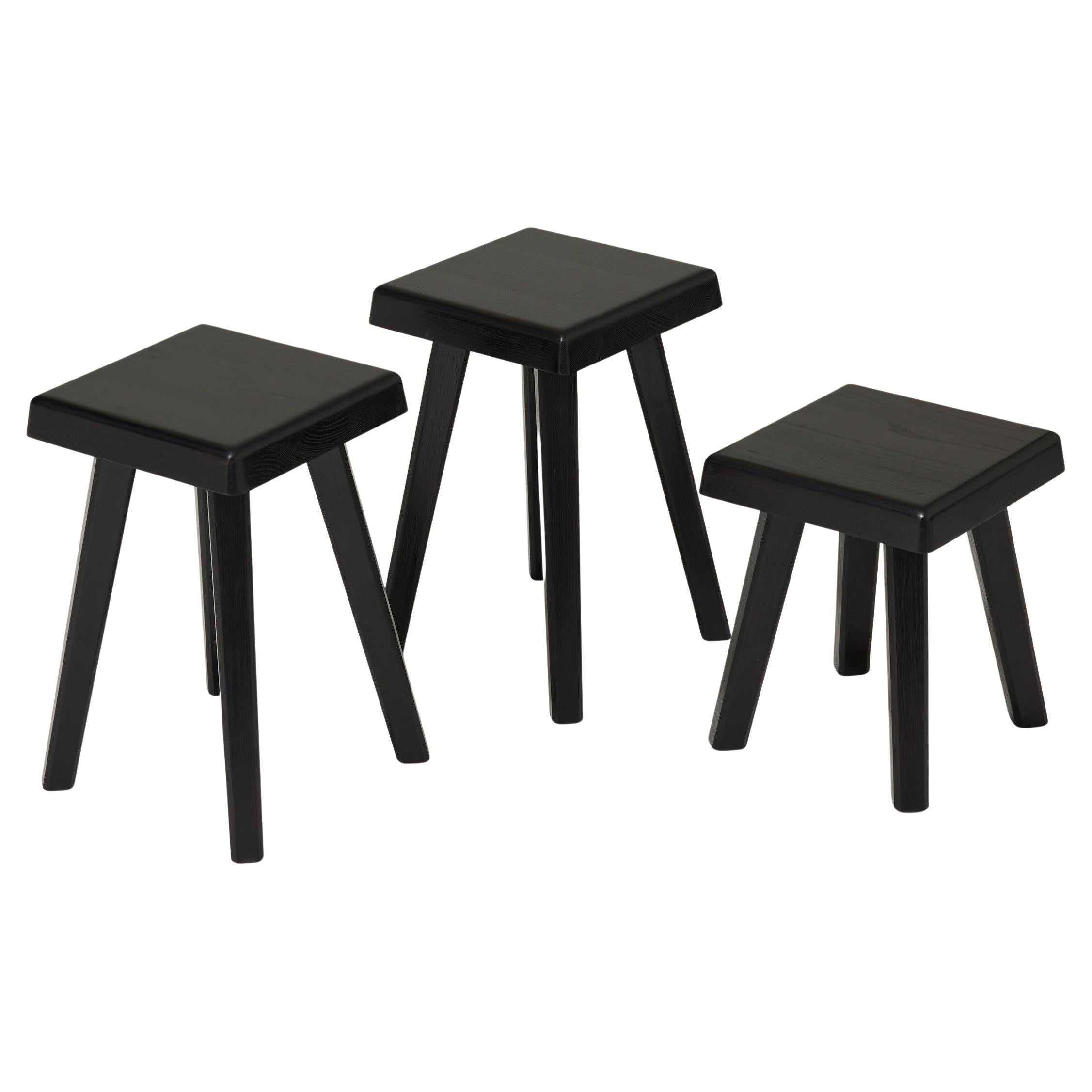 Set di tre sgabelli Pierre Chapo Special Black Wood Edition