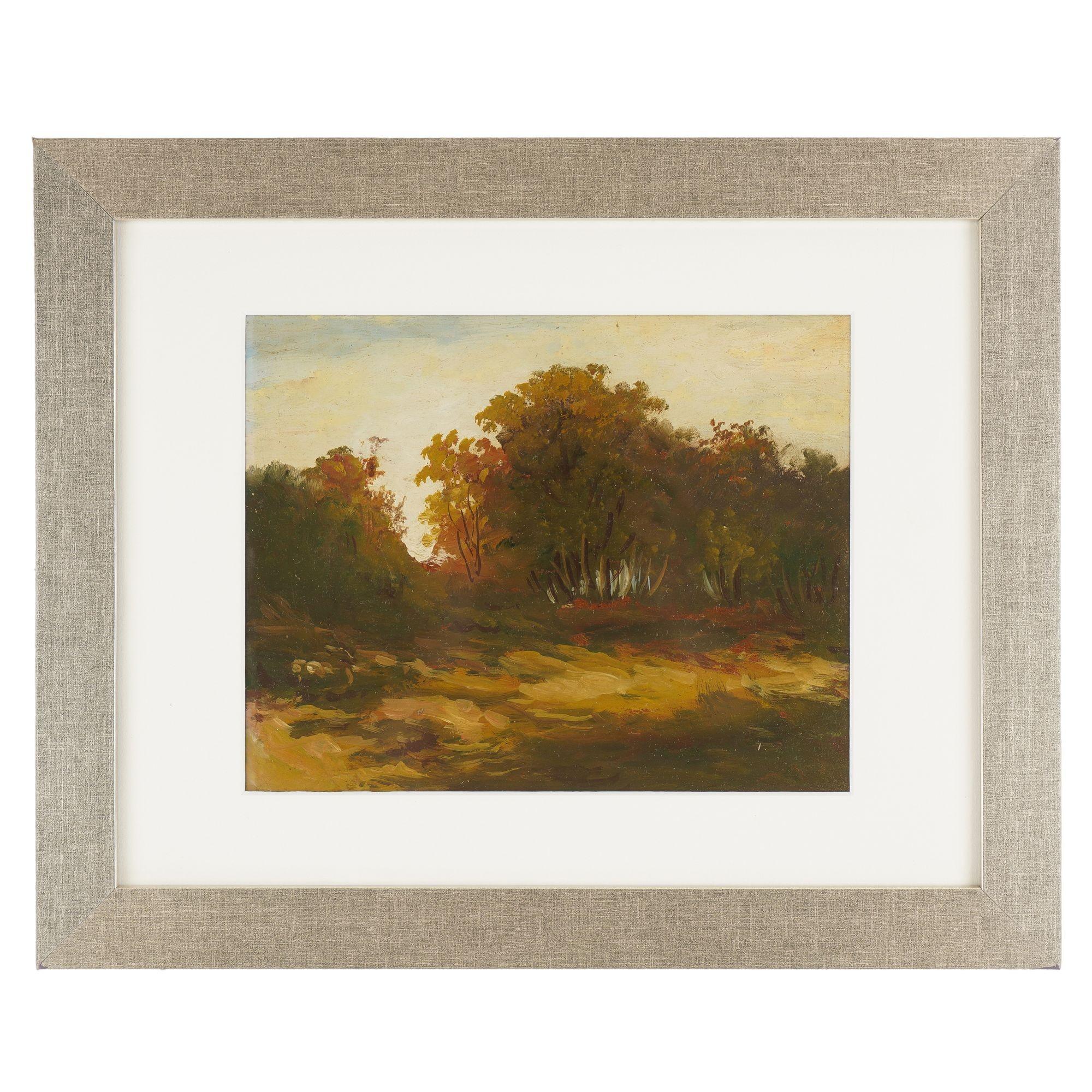 Anonymous set of three American oil on board landscape studies. The first painting features a stand of trees across a meadow at golden hour, with the sun low in the sky in the background and casting warm orange light up into the treetops. The second