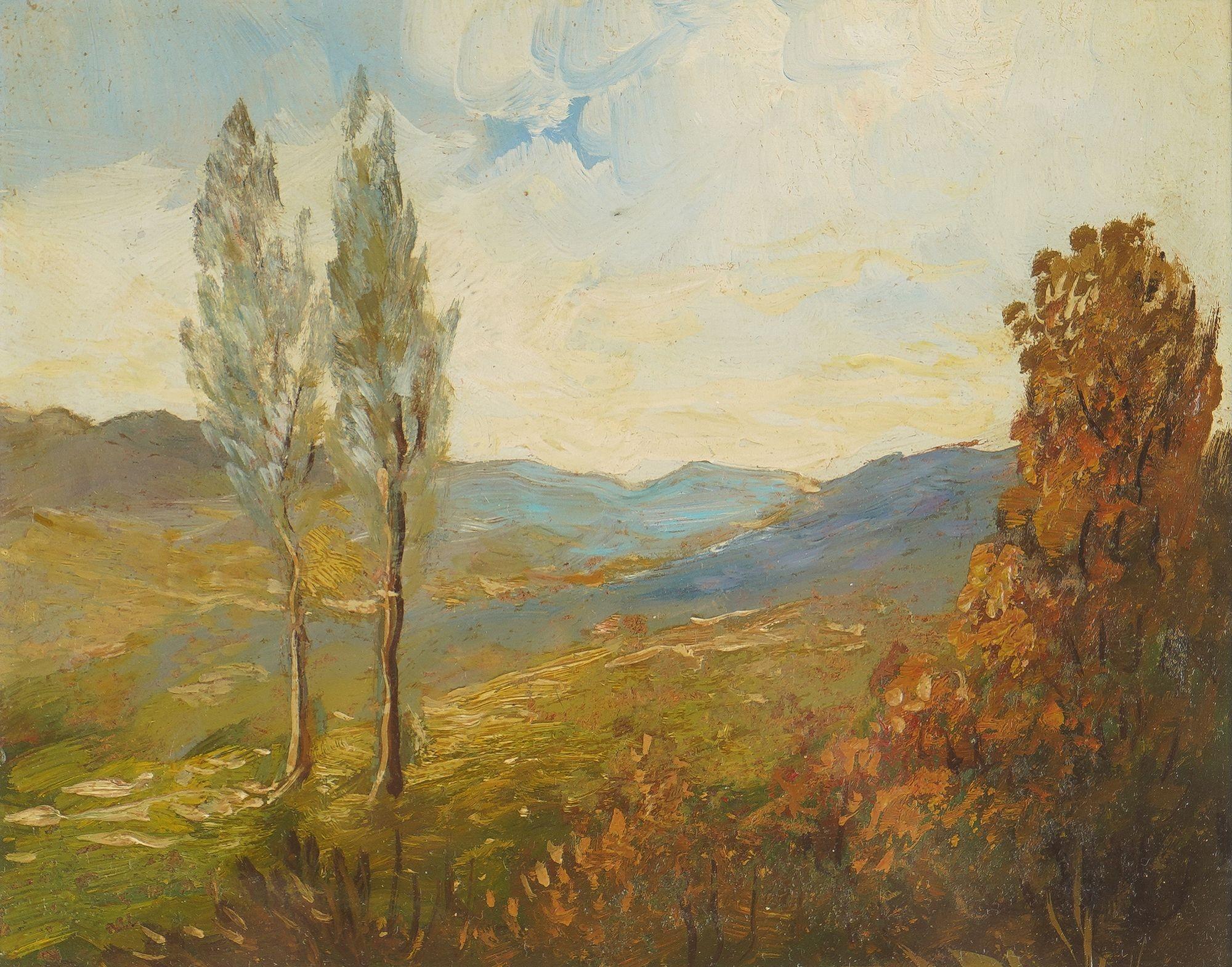 Peinture Ensemble de trois paysages à l'huile sur carton, 1900-25 en vente