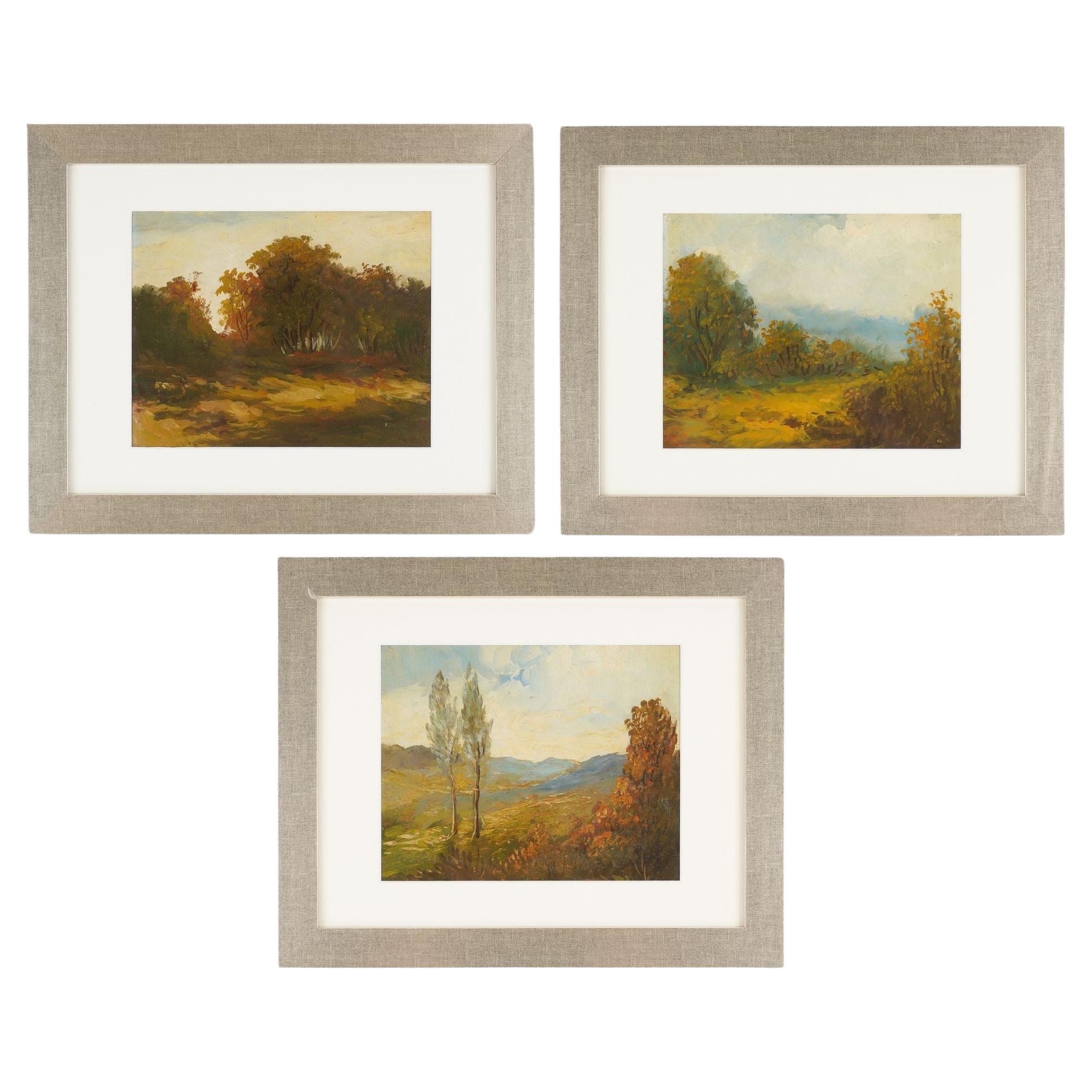 Ensemble de trois paysages à l'huile sur carton, 1900-25 en vente