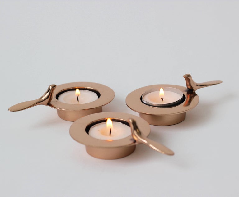 Set of Three One Bird Polished Bronze Tea Light Holders For Sale at 1stDibs