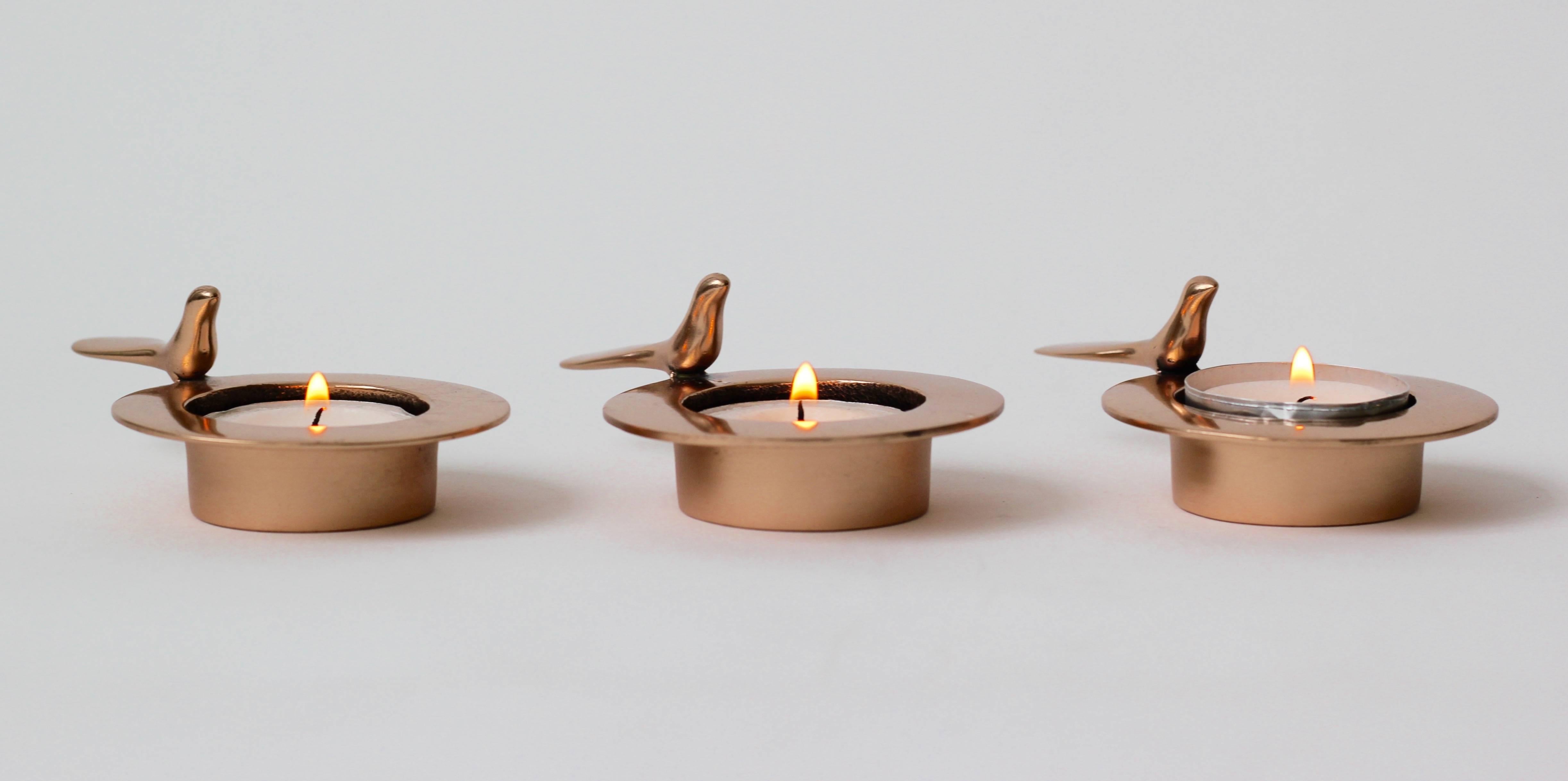 Organic Modern Set of Three One Bird Polished Bronze Tea Light Holders