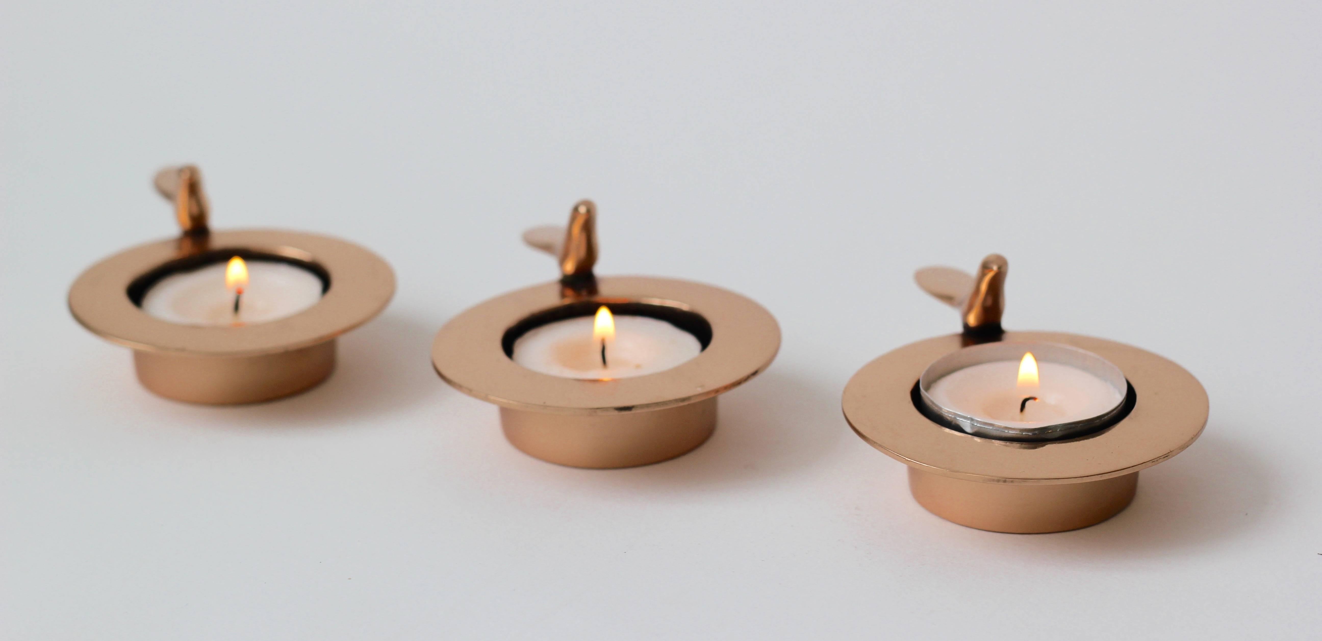 Indian Set of Three One Bird Polished Bronze Tea Light Holders