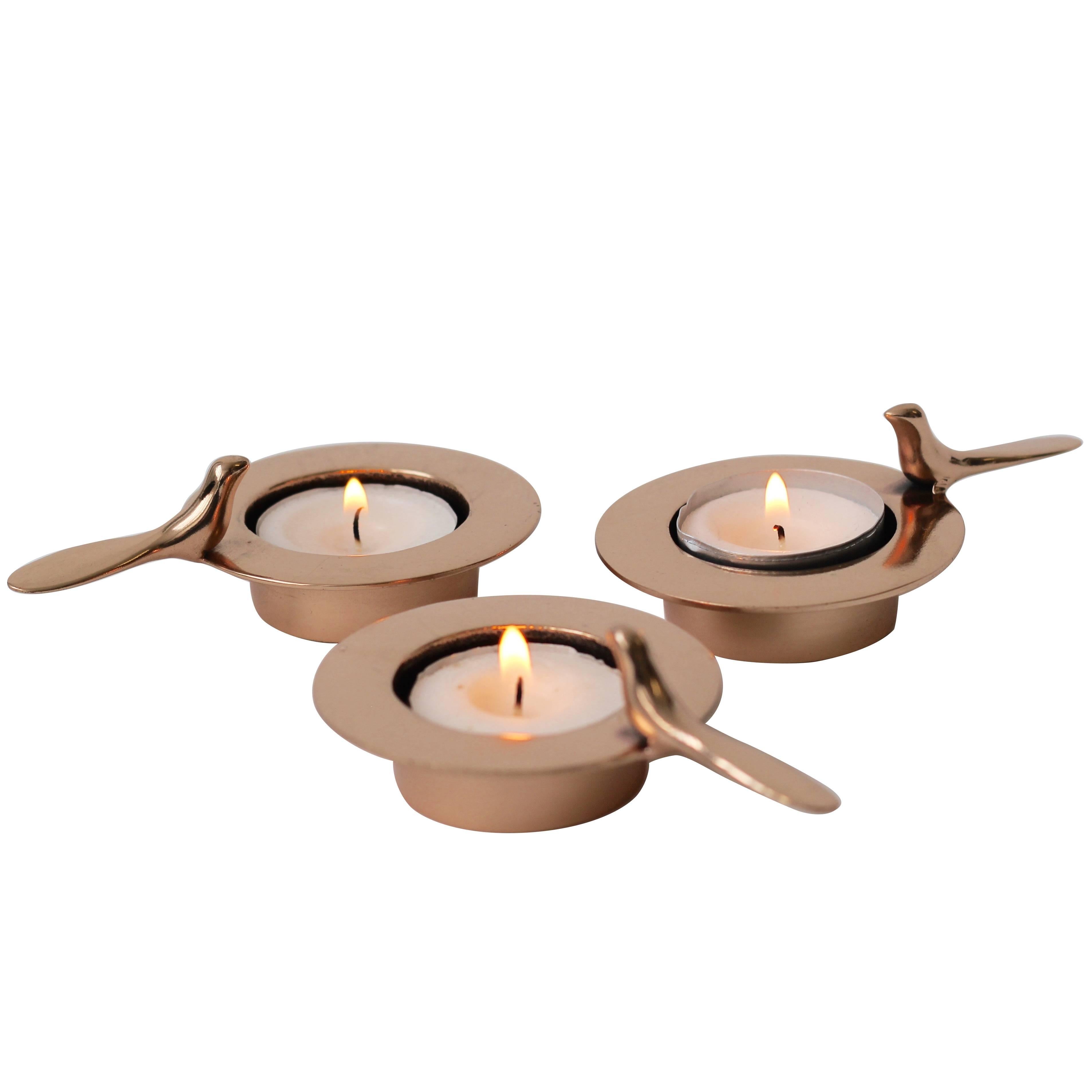 Set of Three One Bird Polished Bronze Tea Light Holders