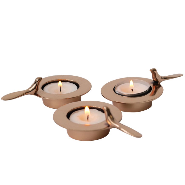 Set of Three One Bird Polished Bronze Tea Light Holders For Sale at 1stDibs