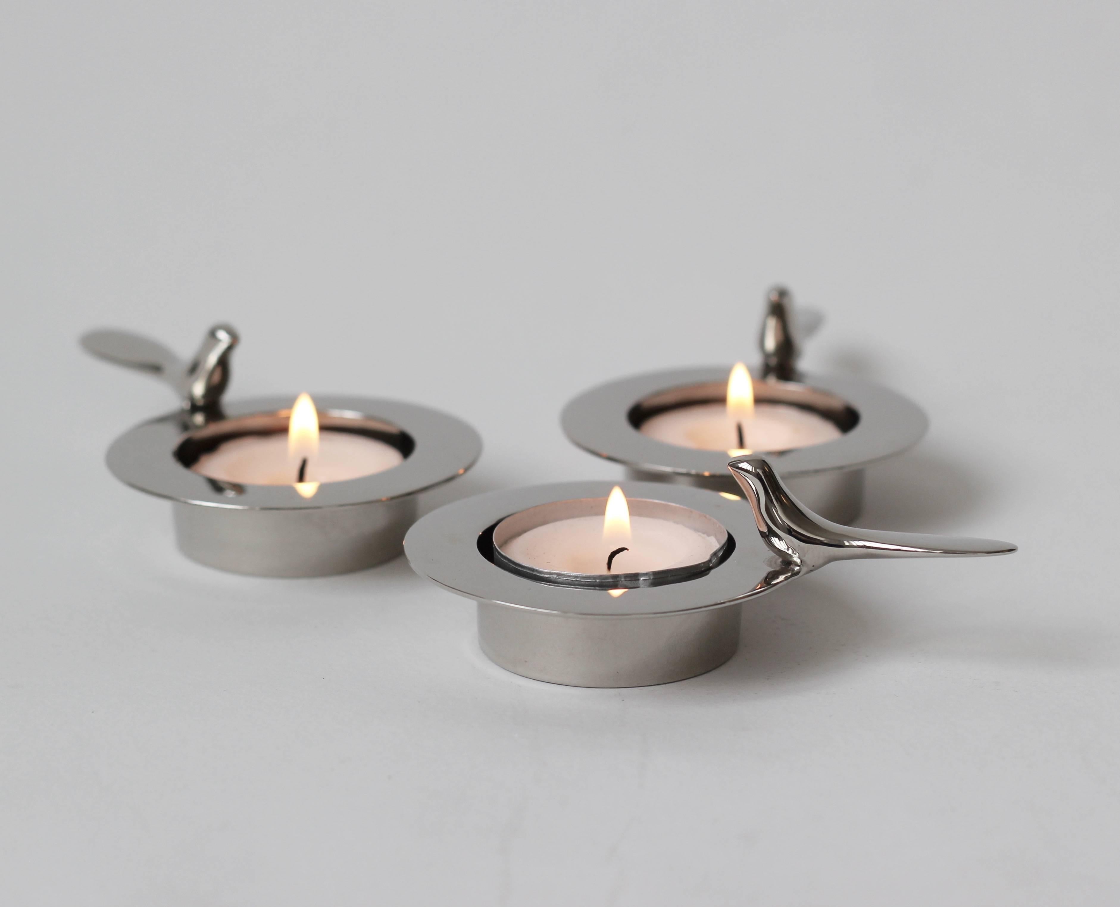 Organic Modern Set of Three One Bird Nickel-Plated Tea Light Holders