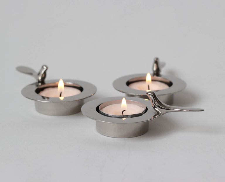 Organic Modern Set of Three One Bird Nickel-Plated Tea Light Holders For Sale