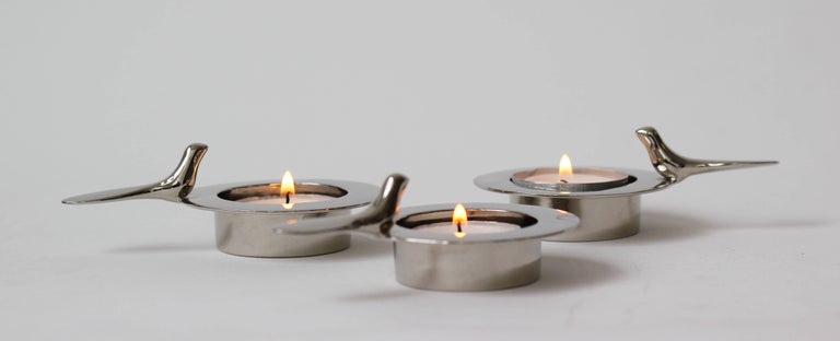 Indian Set of Three One Bird Nickel-Plated Tea Light Holders For Sale