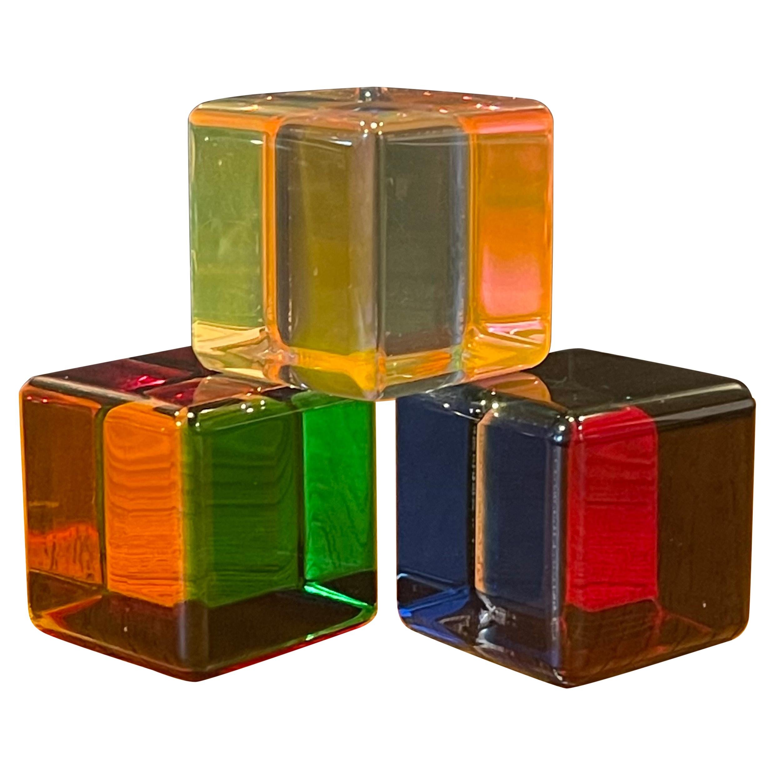 Set of Three Op Art Acrylic Cube Sculptures with Box by Vasa Mihich