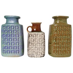 Set of Three Op Art German Pottery Vases Geometric Relief Décor, 1960s