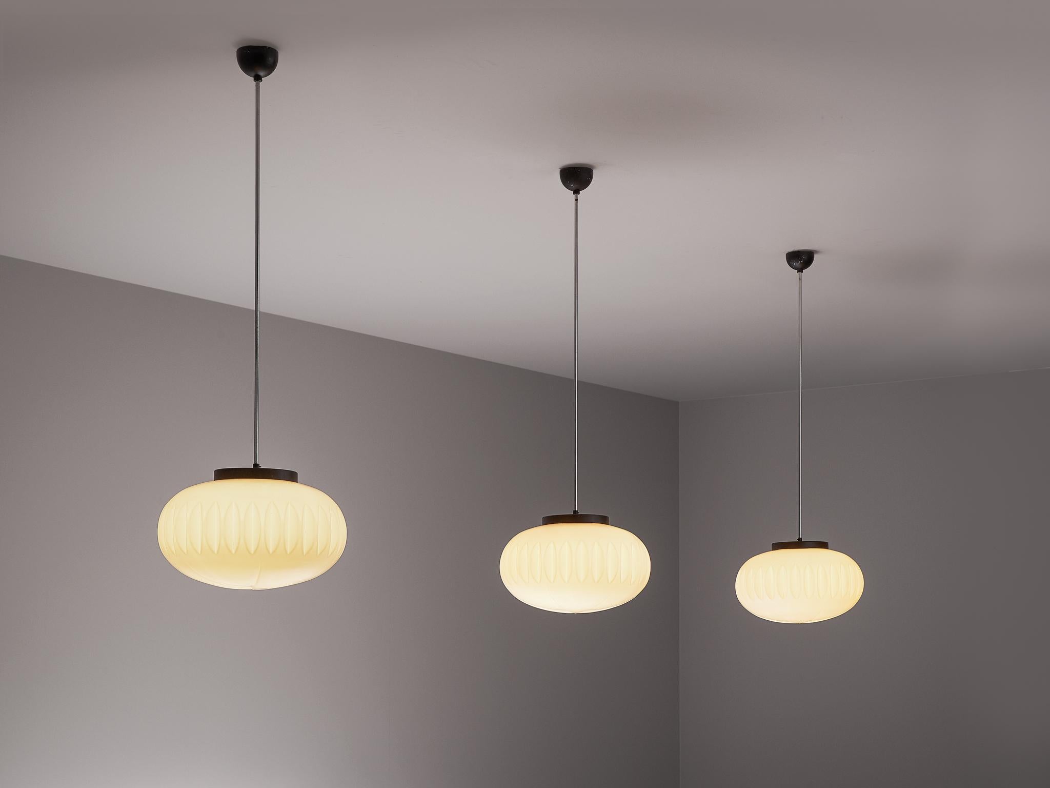 Mid-Century Modern Set of Three Opaline Glass Pendants with Structured Spheres