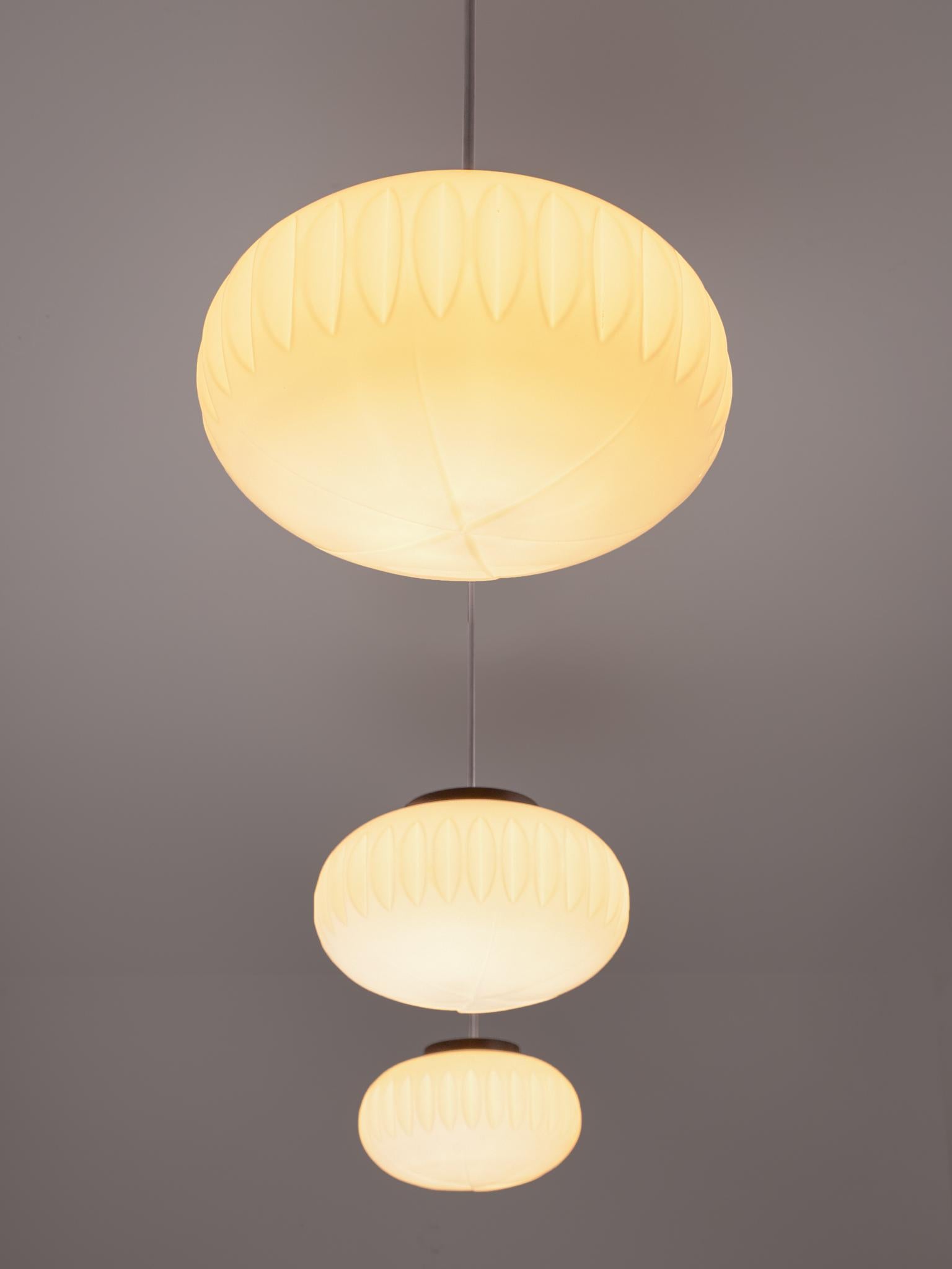 Late 20th Century Set of Three Opaline Glass Pendants with Structured Spheres