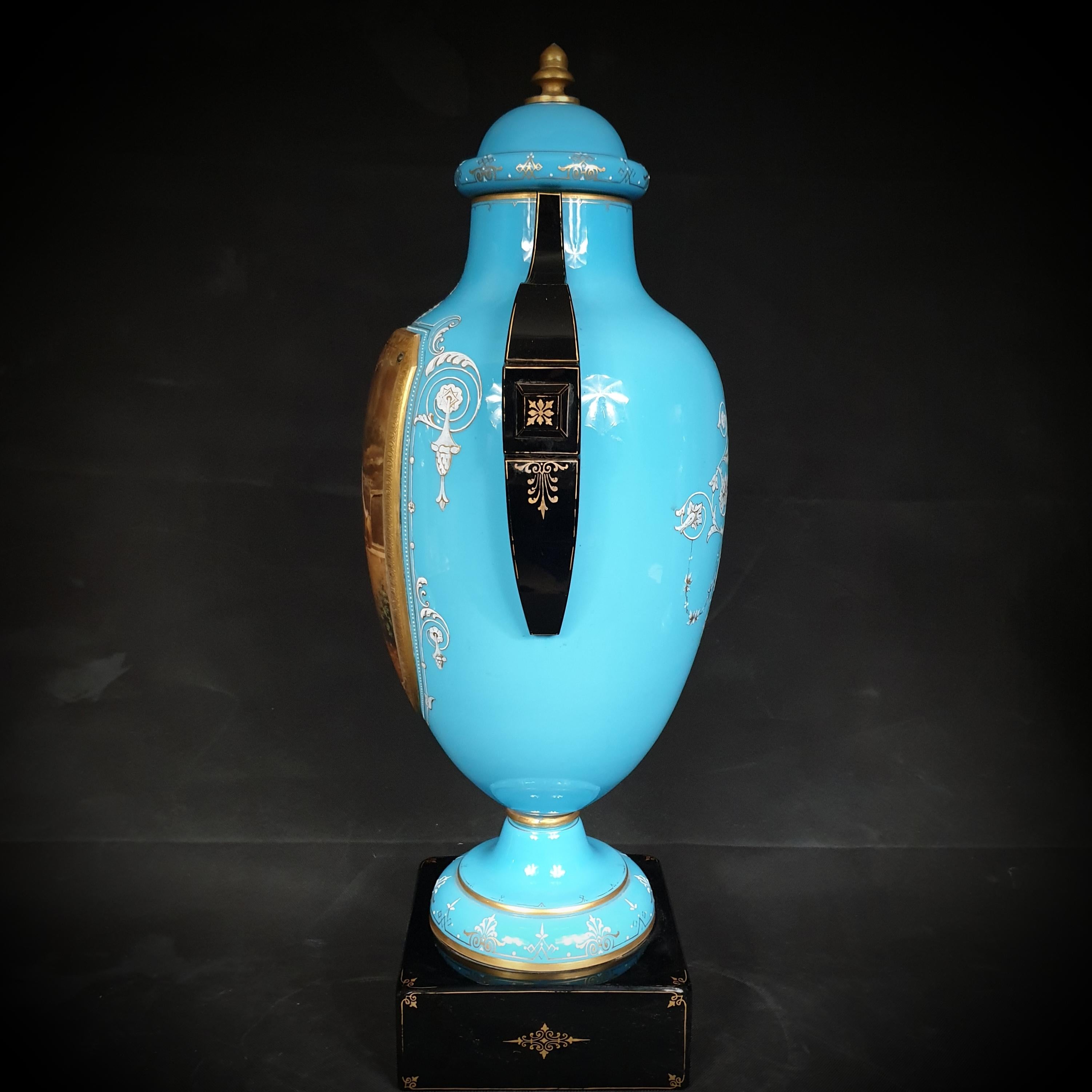 Set of Tree Large Painted & Gilded Blue Opaline Glass Urns from 19th Century For Sale 1