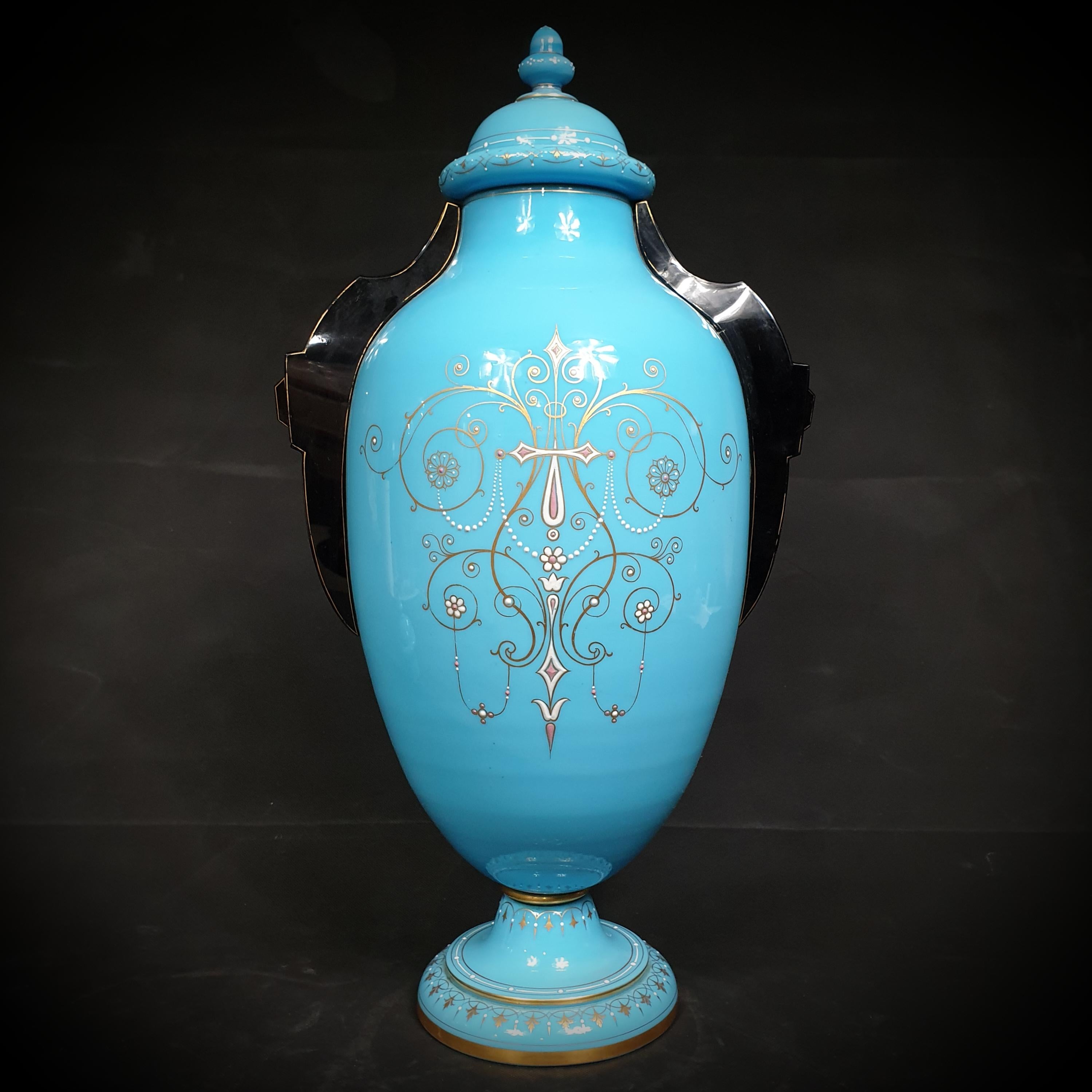 Set of Tree Large Painted & Gilded Blue Opaline Glass Urns from 19th Century For Sale 2