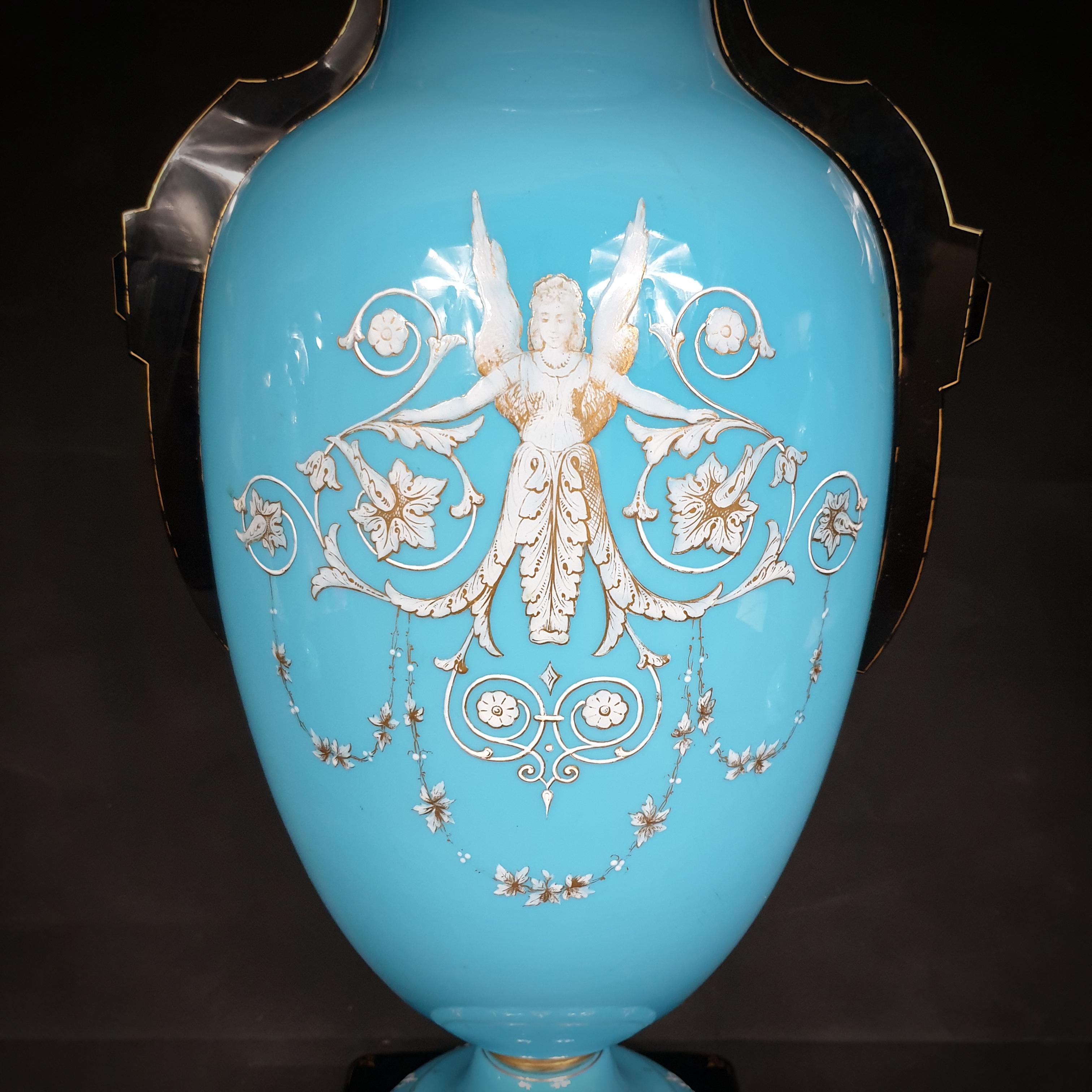 Set of Tree Large Painted & Gilded Blue Opaline Glass Urns from 19th Century For Sale 4