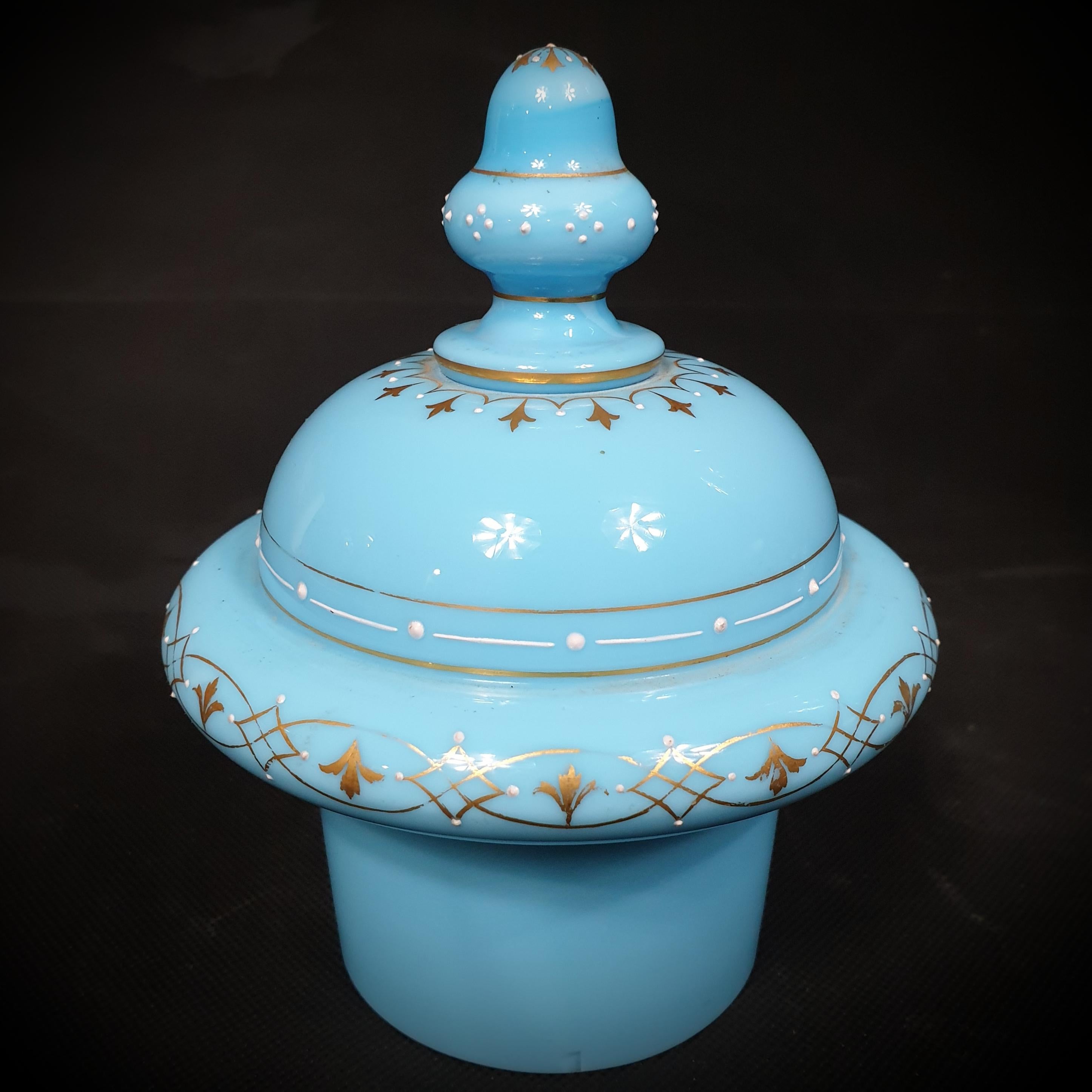 Set of Tree Large Painted & Gilded Blue Opaline Glass Urns from 19th Century For Sale 5