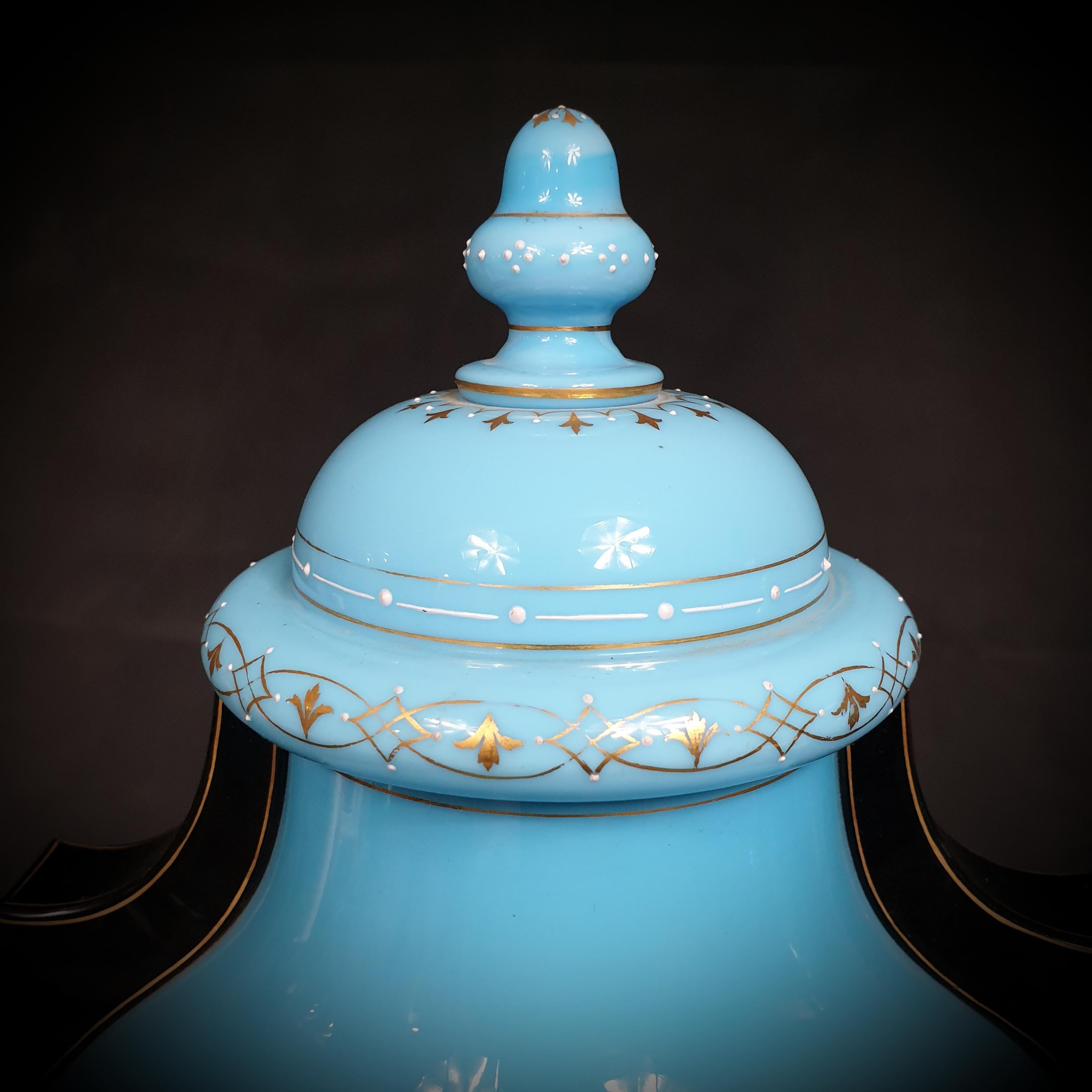 Set of Tree Large Painted & Gilded Blue Opaline Glass Urns from 19th Century For Sale 6