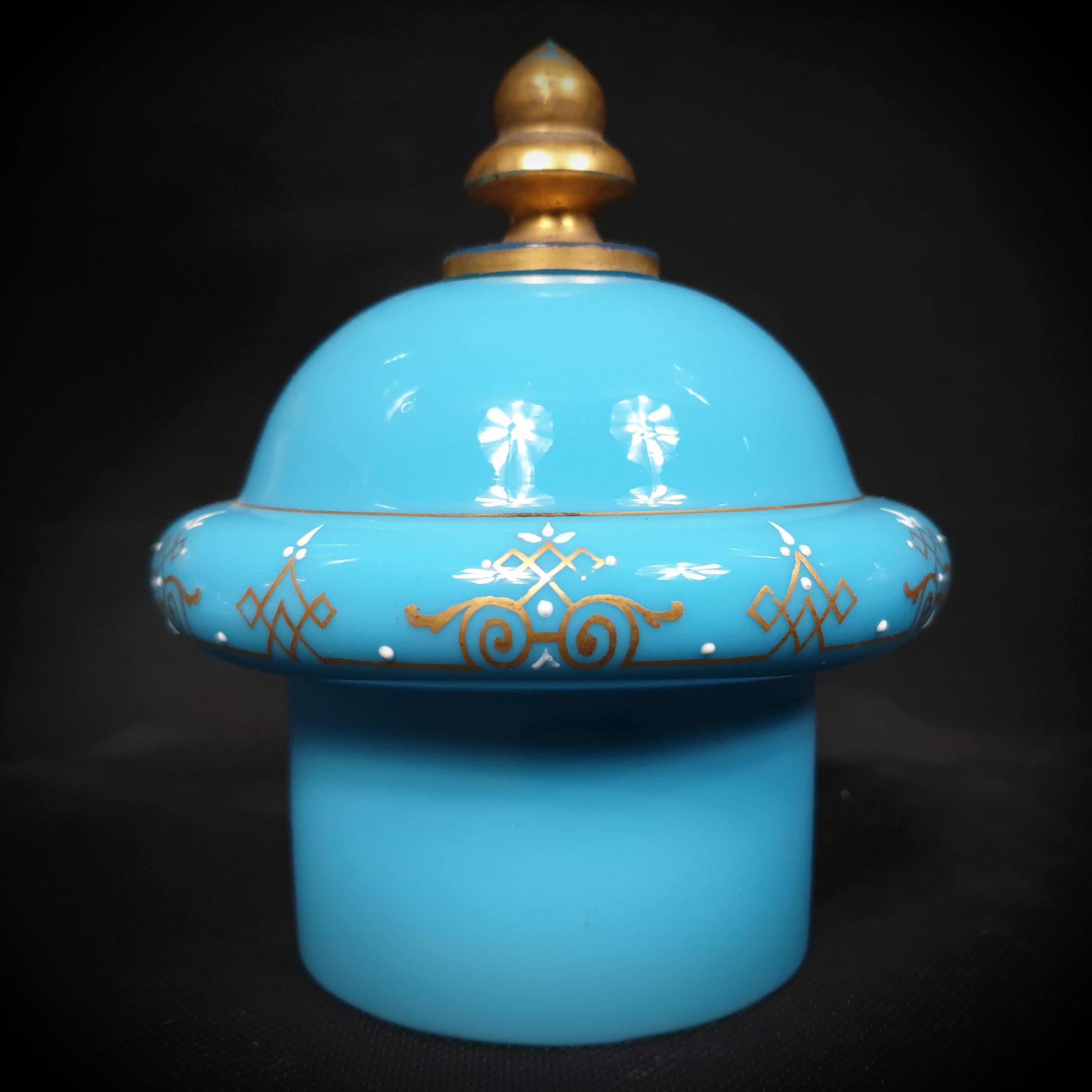 Set of Tree Large Painted & Gilded Blue Opaline Glass Urns from 19th Century For Sale 7