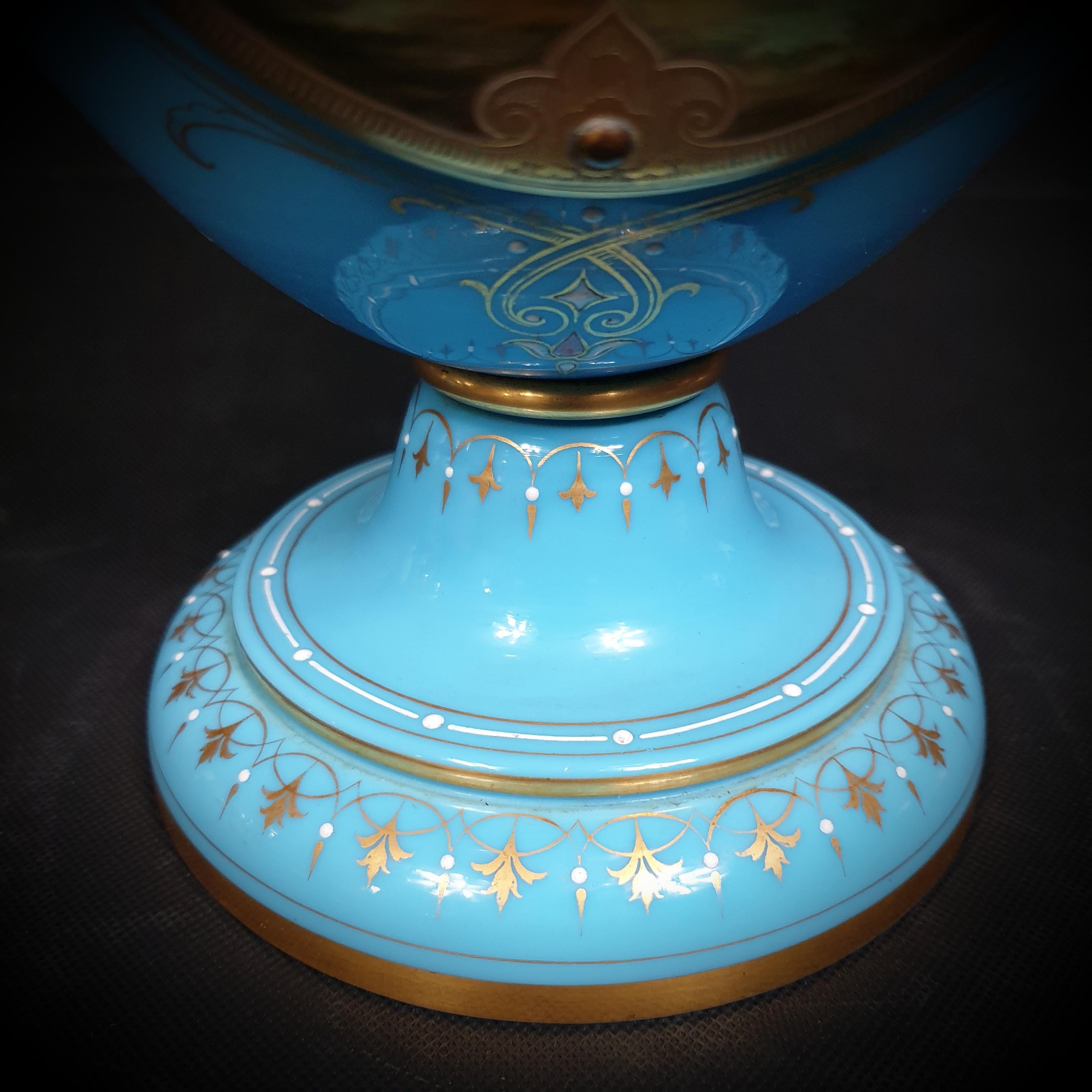 Set of Tree Large Painted & Gilded Blue Opaline Glass Urns from 19th Century For Sale 8