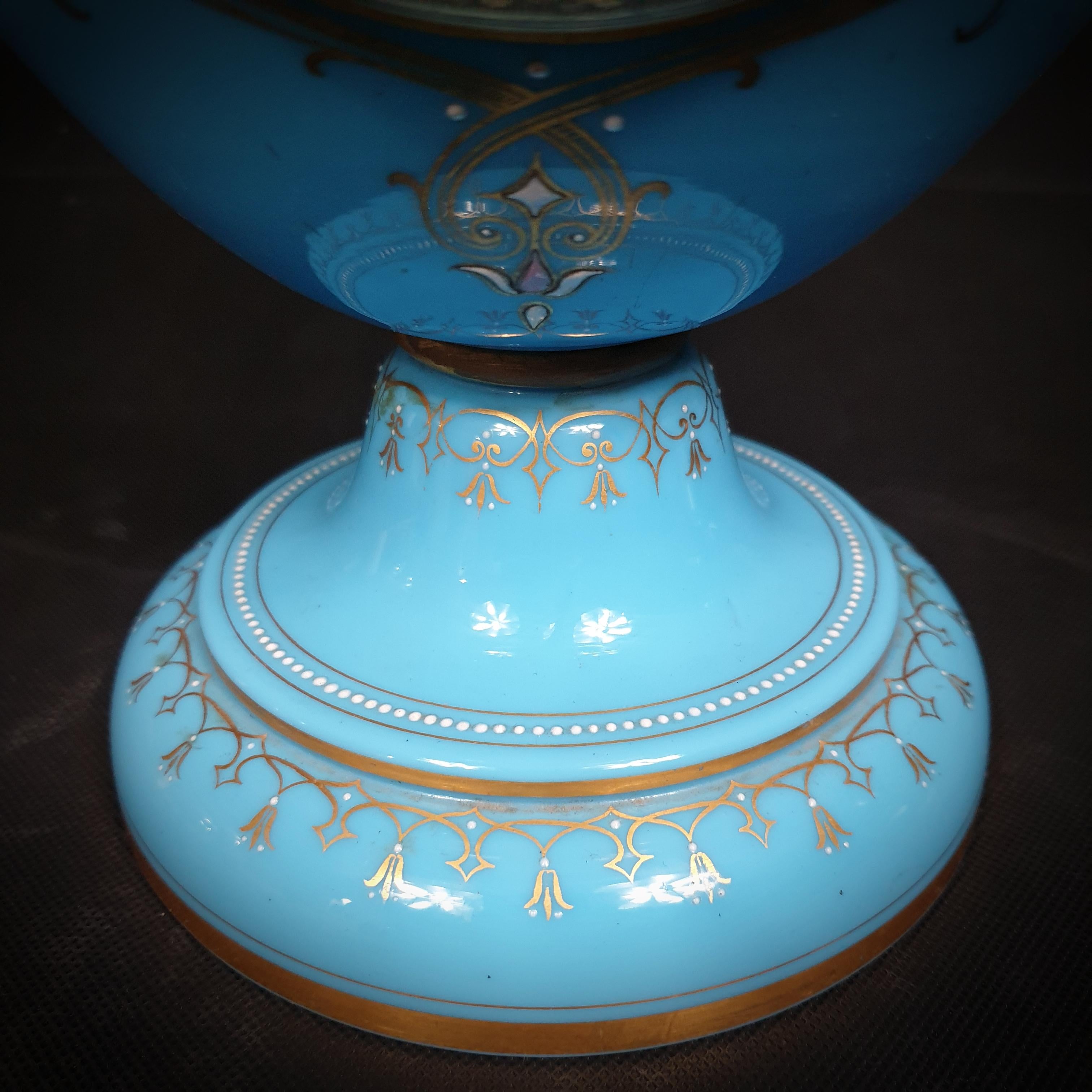 Set of Tree Large Painted & Gilded Blue Opaline Glass Urns from 19th Century For Sale 9