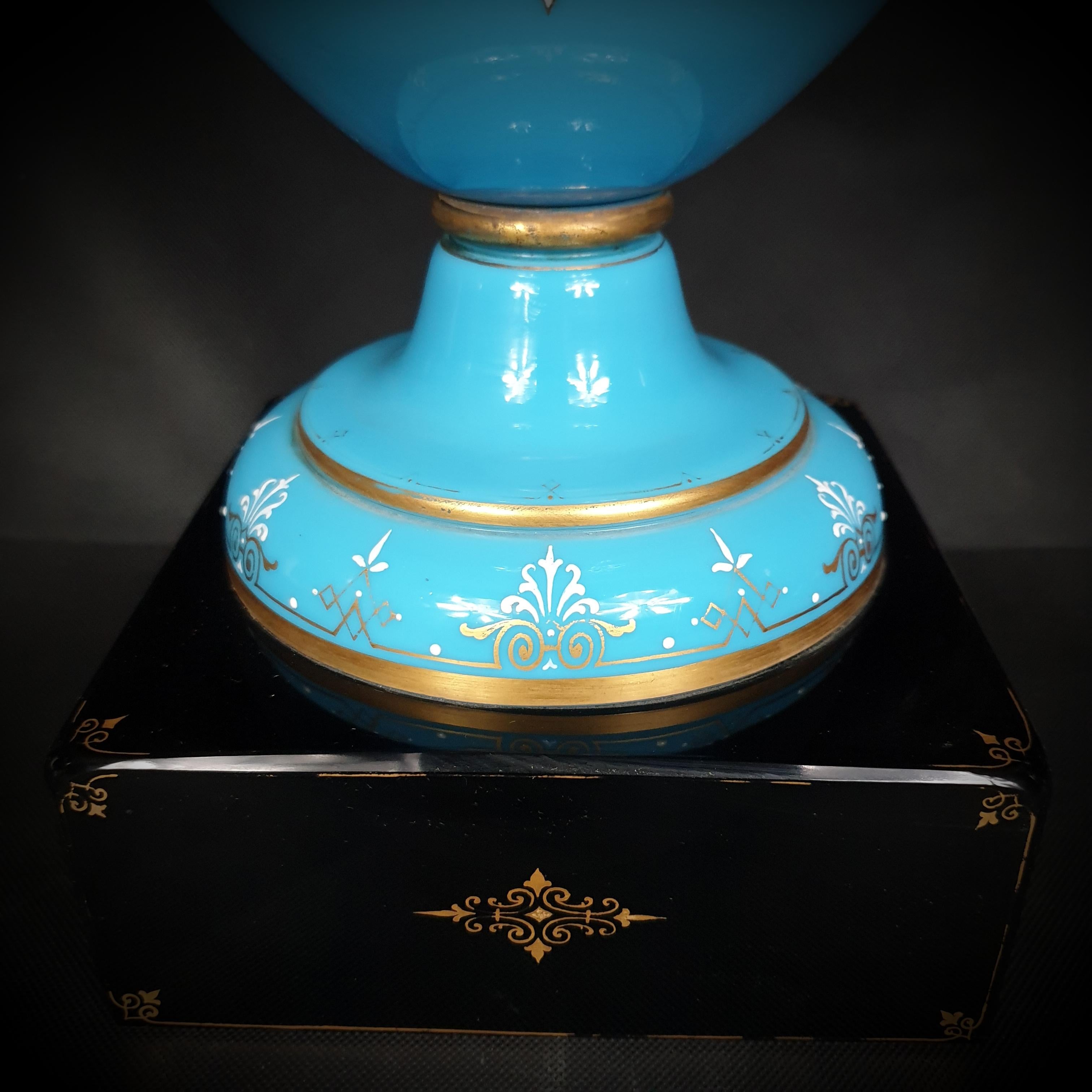 Set of Tree Large Painted & Gilded Blue Opaline Glass Urns from 19th Century For Sale 10