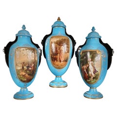 Set of Tree Large Painted & Gilded Blue Opaline Glass Urns from 19th Century
