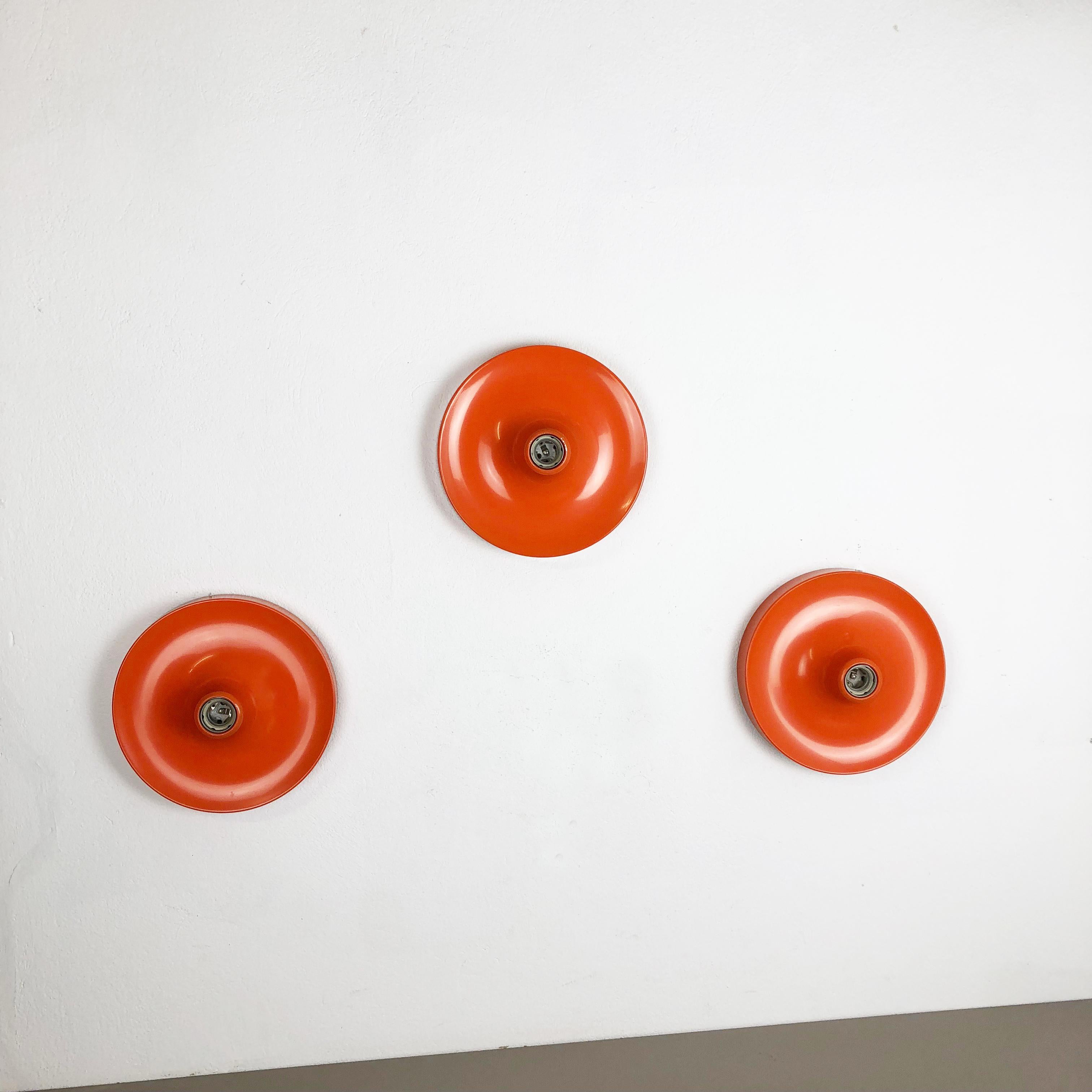 Set of Three Orange 1960s Charlotte Perriand Disc Wall Light by Honsel, Germany 8